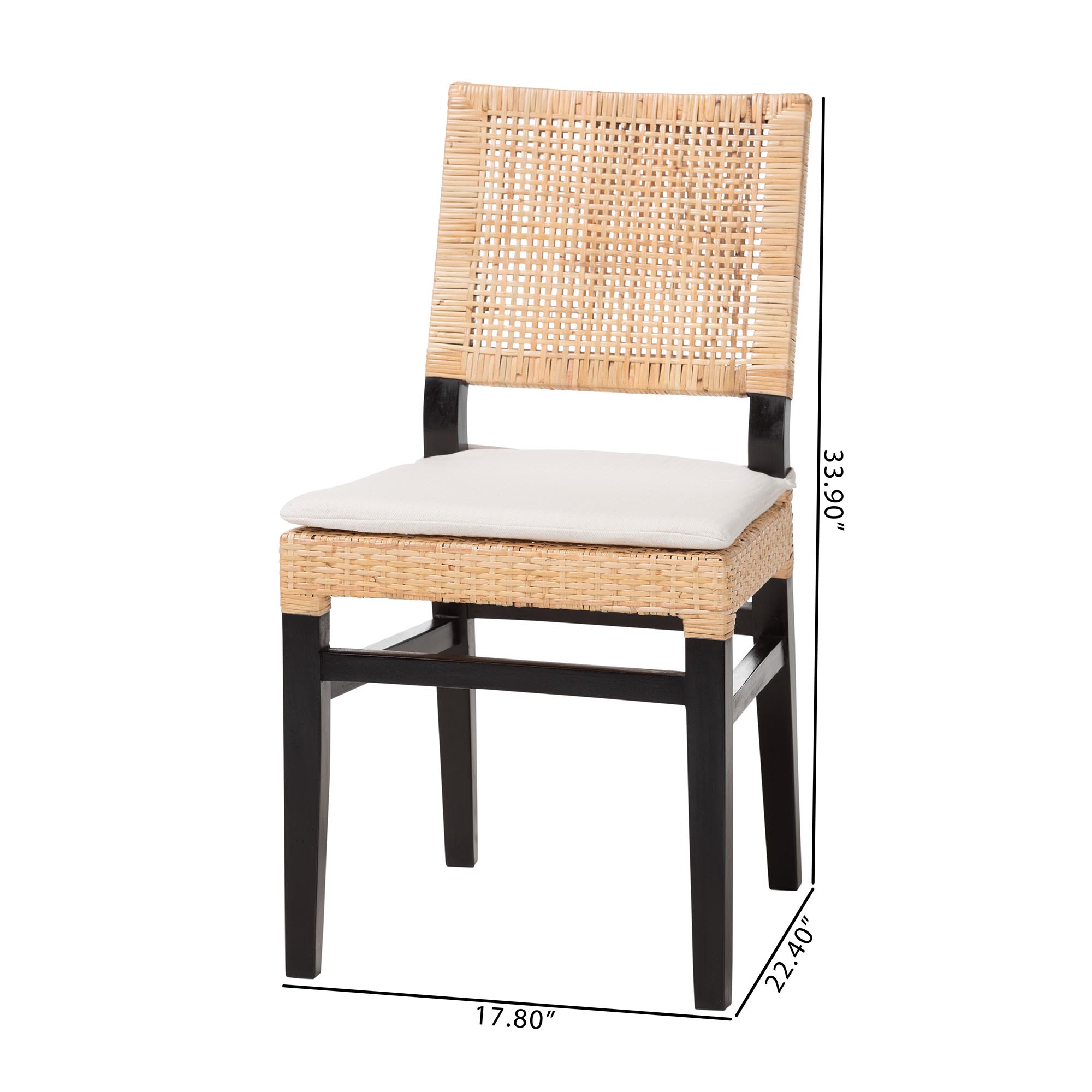 bali & pari Lesia Natural Rattan Dining Chair with Cushion - Handwoven Wicker Side Chair with Mahogany Wood Frame, Coastal Boho Style Seating for Kitchen or Dining Room, Espresso Brown