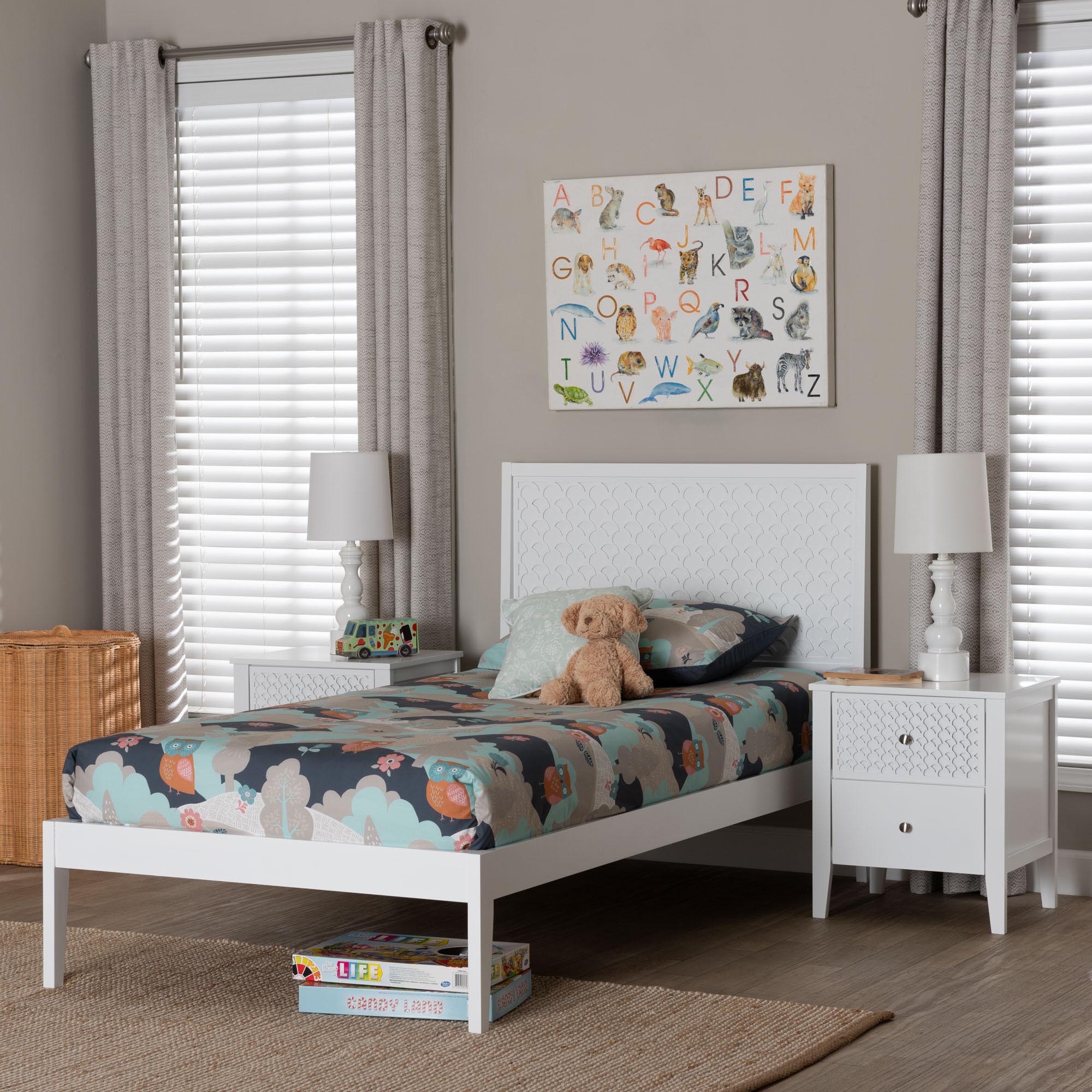 Baxton Studio Lara Twin 3-Piece Bedroom Set - Modern Wood Bed Frame with Matching Nightstands, Decorative Laser-Cut Headboard Overlay, White