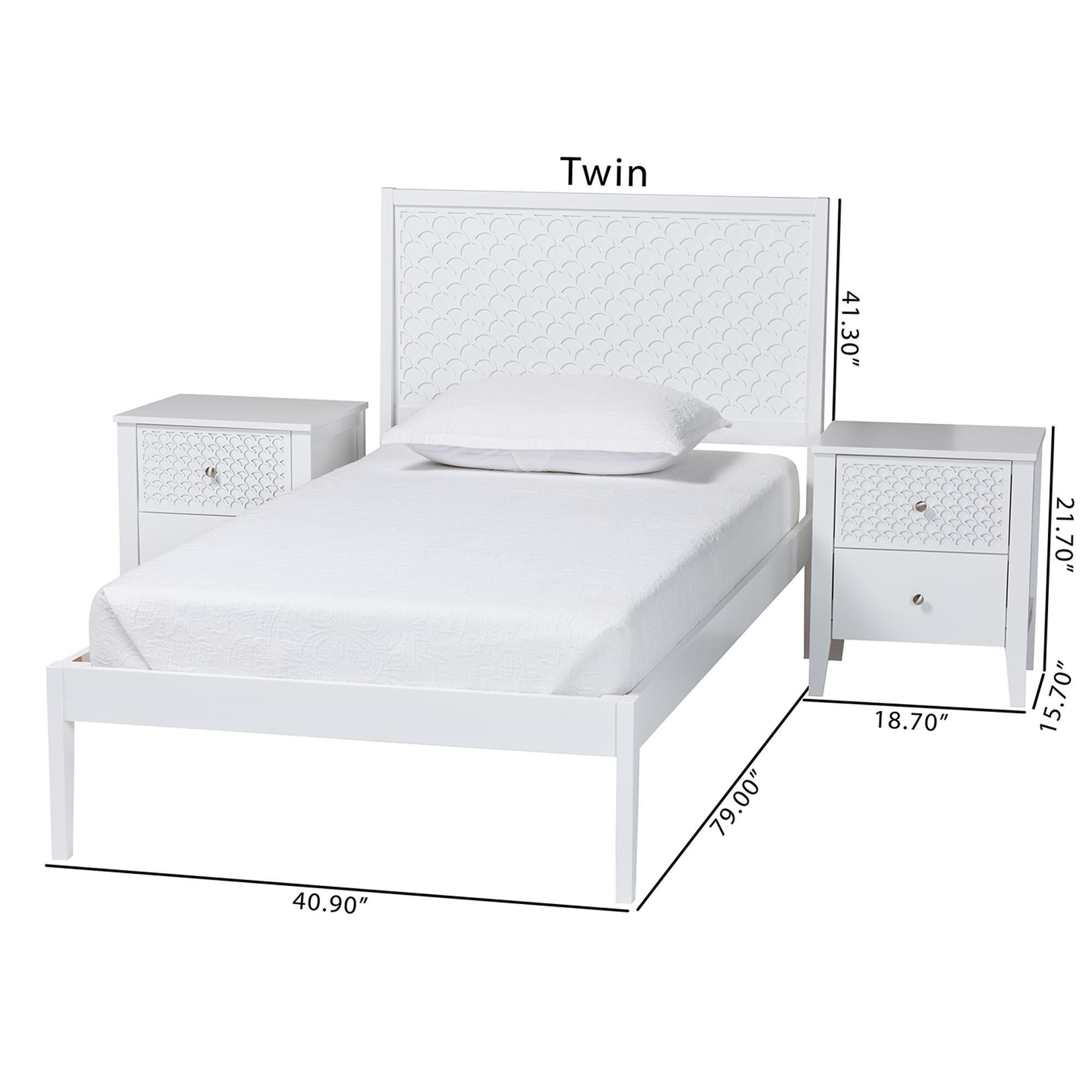 Baxton Studio Lara Twin 3-Piece Bedroom Set - Modern Wood Bed Frame with Matching Nightstands, Decorative Laser-Cut Headboard Overlay, White