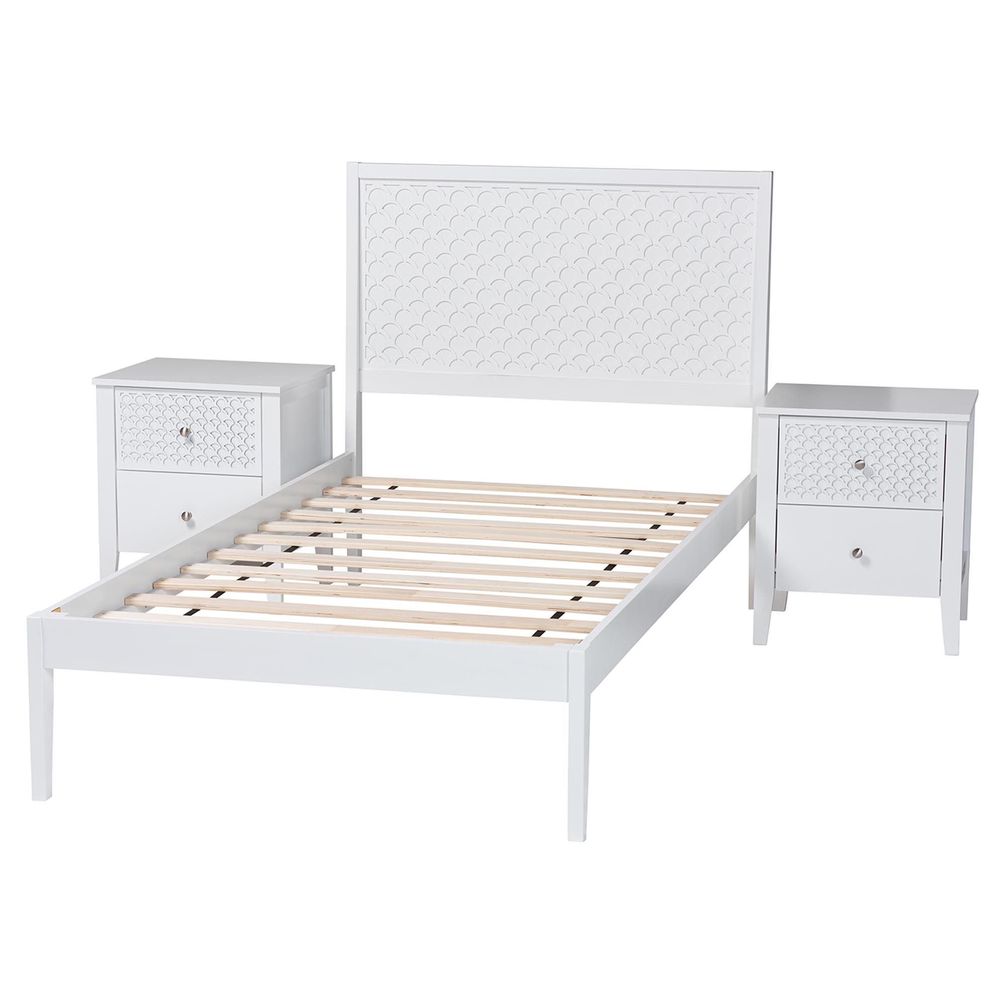 Baxton Studio Lara Twin 3-Piece Bedroom Set - Modern Wood Bed Frame with Matching Nightstands, Decorative Laser-Cut Headboard Overlay, White