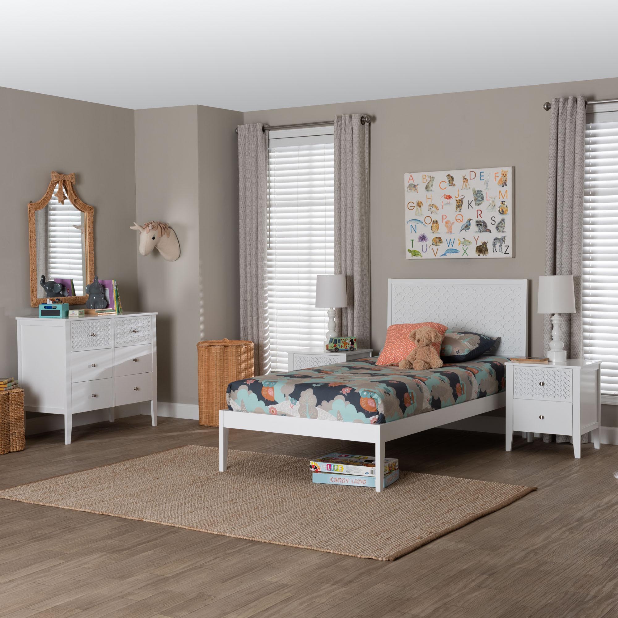 Baxton Studio Lara Twin 4-Piece Bedroom Set - Modern Wood Bed Frame with Matching Nightstands and Dresser, Decorative Laser-Cut Overlay, White