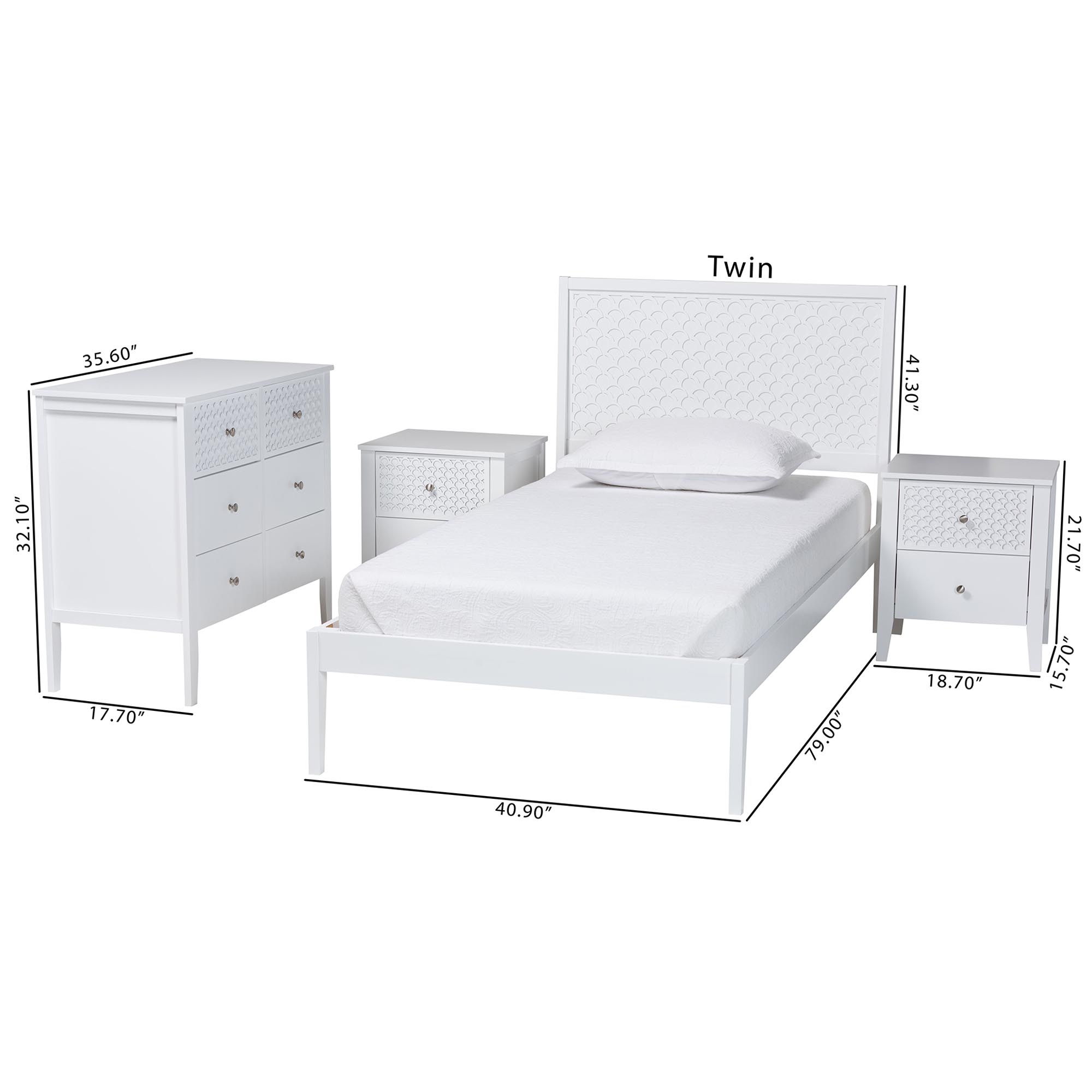 Baxton Studio Lara Twin 4-Piece Bedroom Set - Modern Wood Bed Frame with Matching Nightstands and Dresser, Decorative Laser-Cut Overlay, White