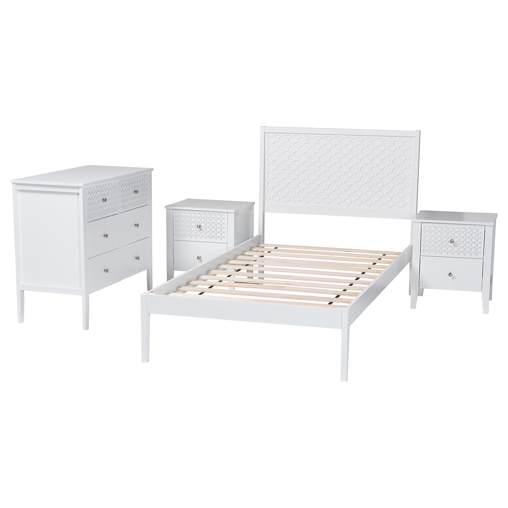 Baxton Studio Lara Twin 4-Piece Bedroom Set - Modern Wood Bed Frame with Matching Nightstands and Dresser, Decorative Laser-Cut Overlay, White