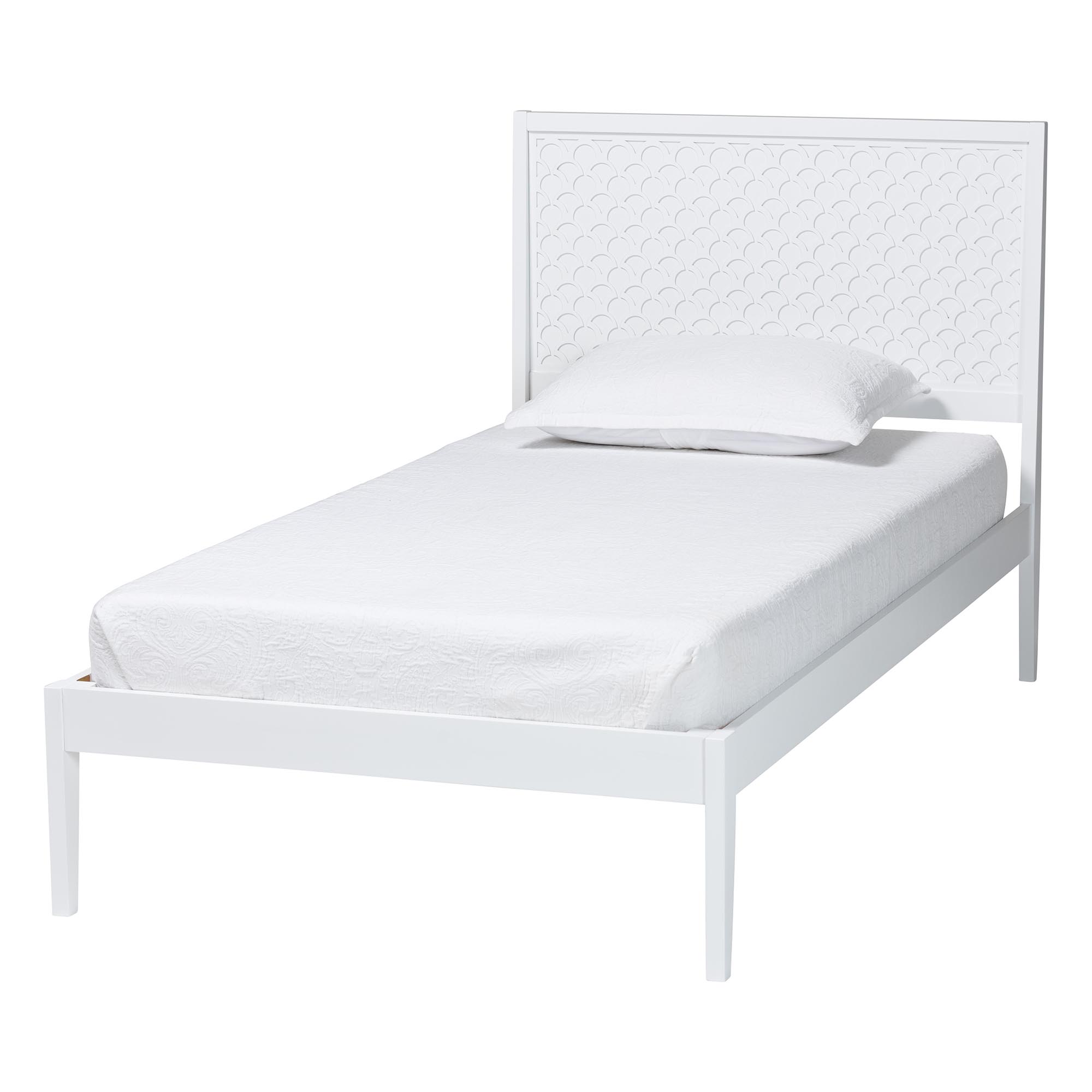 Baxton Studio Lara Twin 4-Piece Bedroom Set - Modern Wood Bed Frame with Matching Nightstands and Dresser, Decorative Laser-Cut Overlay, White