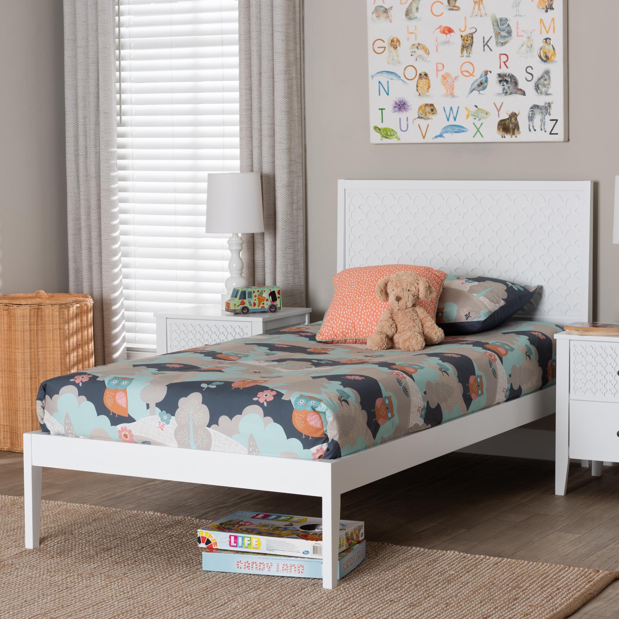 Baxton Studio Lara Twin Platform Bed - Modern Wood Bed Frame with Laser-Cut Decorative Headboard Overlay, White