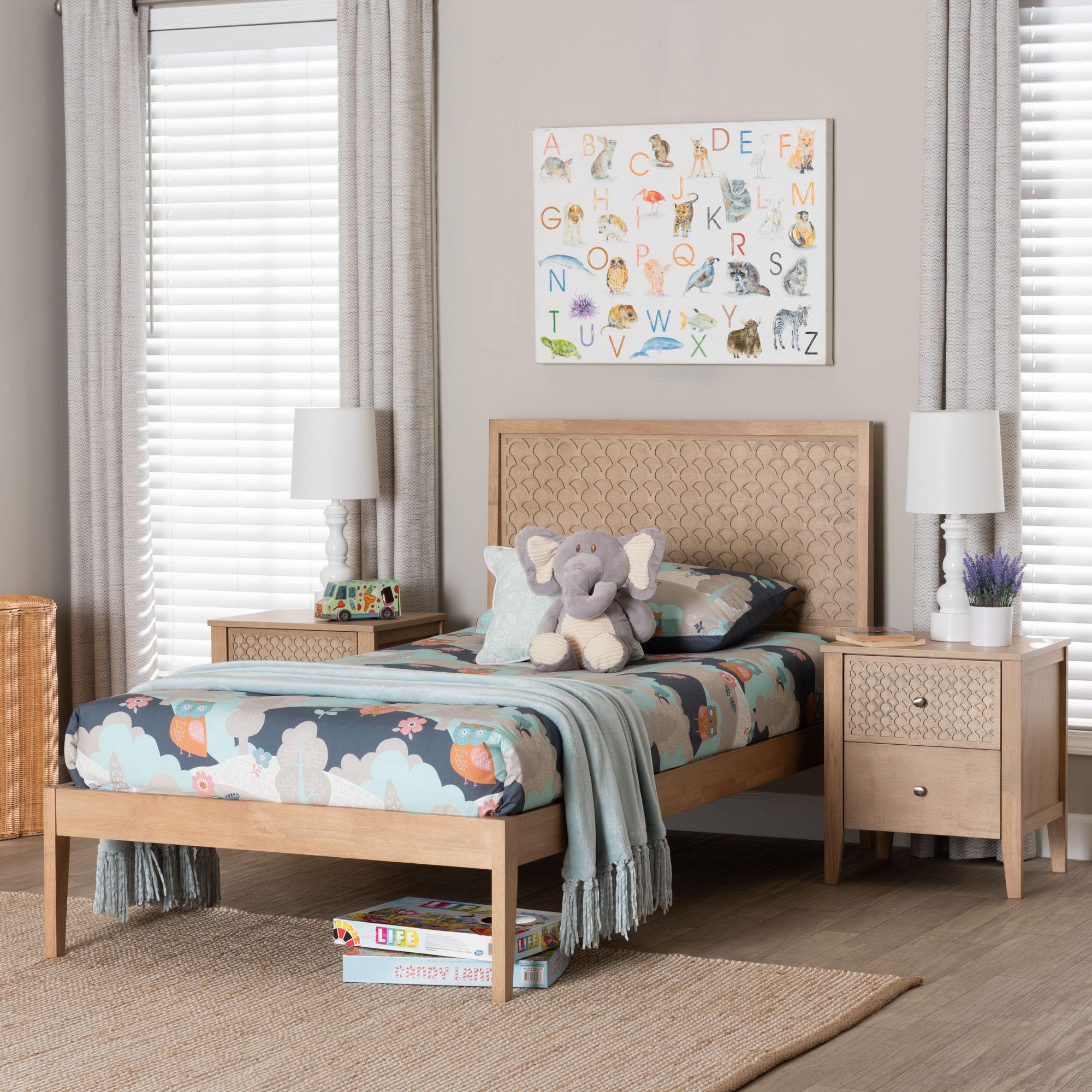 Baxton Studio Lara Twin 3-Piece Bedroom Set - Modern Wood Bed Frame with Matching Nightstands, Decorative Laser-Cut Headboard Overlay, Oak Brown