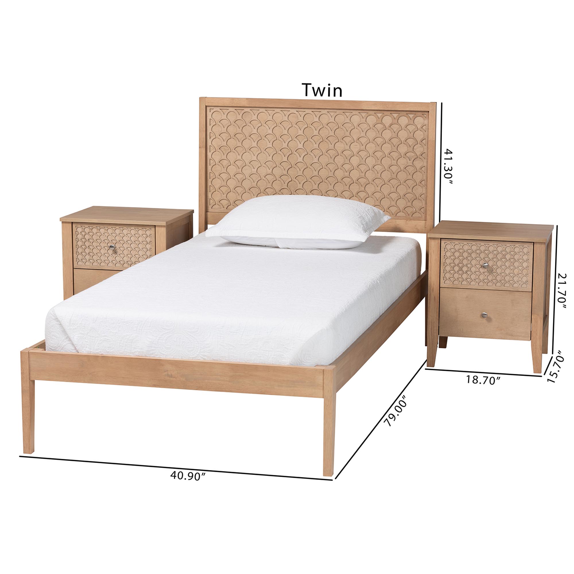 Baxton Studio Lara Twin 3-Piece Bedroom Set - Modern Wood Bed Frame with Matching Nightstands, Decorative Laser-Cut Headboard Overlay, Oak Brown