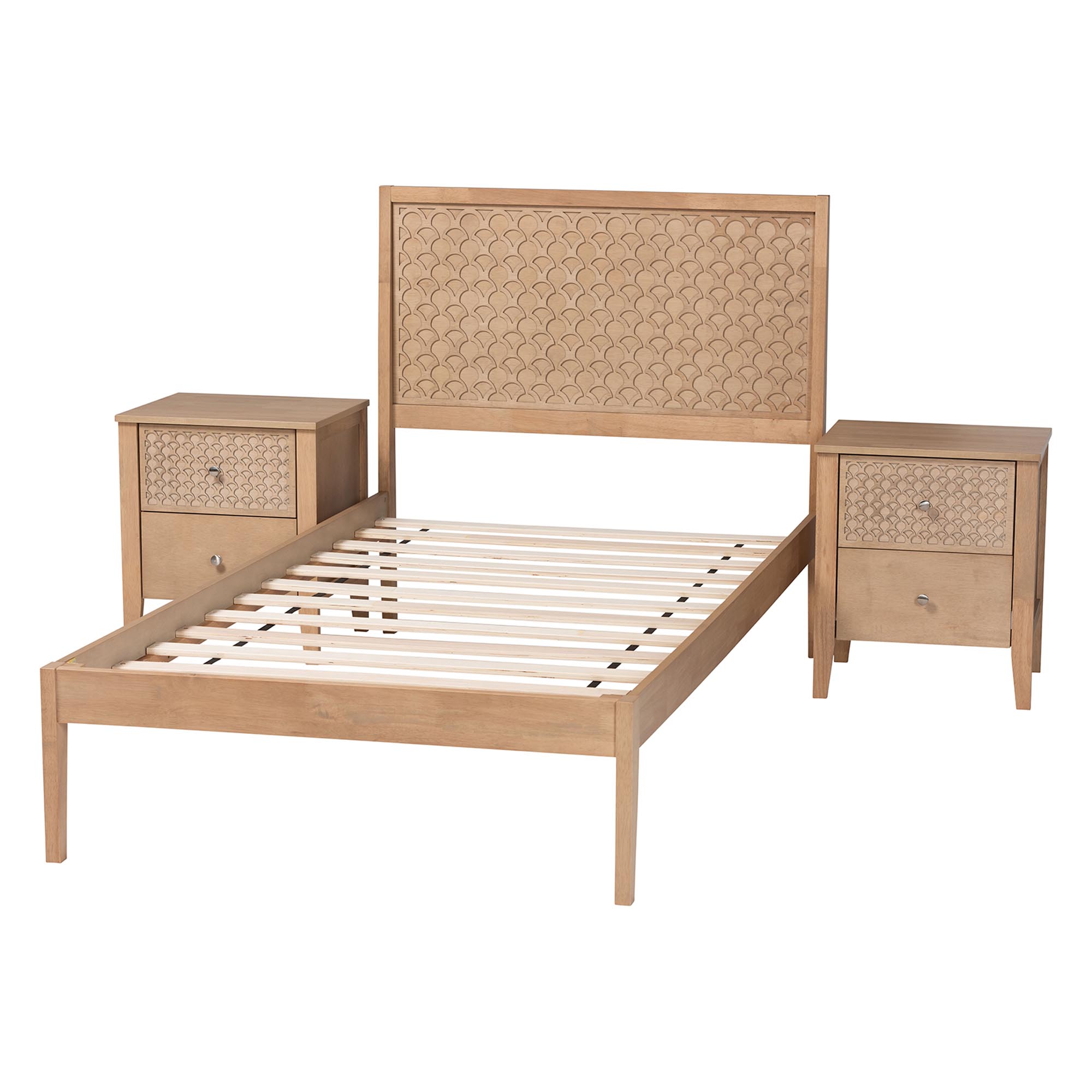 Baxton Studio Lara Twin 3-Piece Bedroom Set - Modern Wood Bed Frame with Matching Nightstands, Decorative Laser-Cut Headboard Overlay, Oak Brown