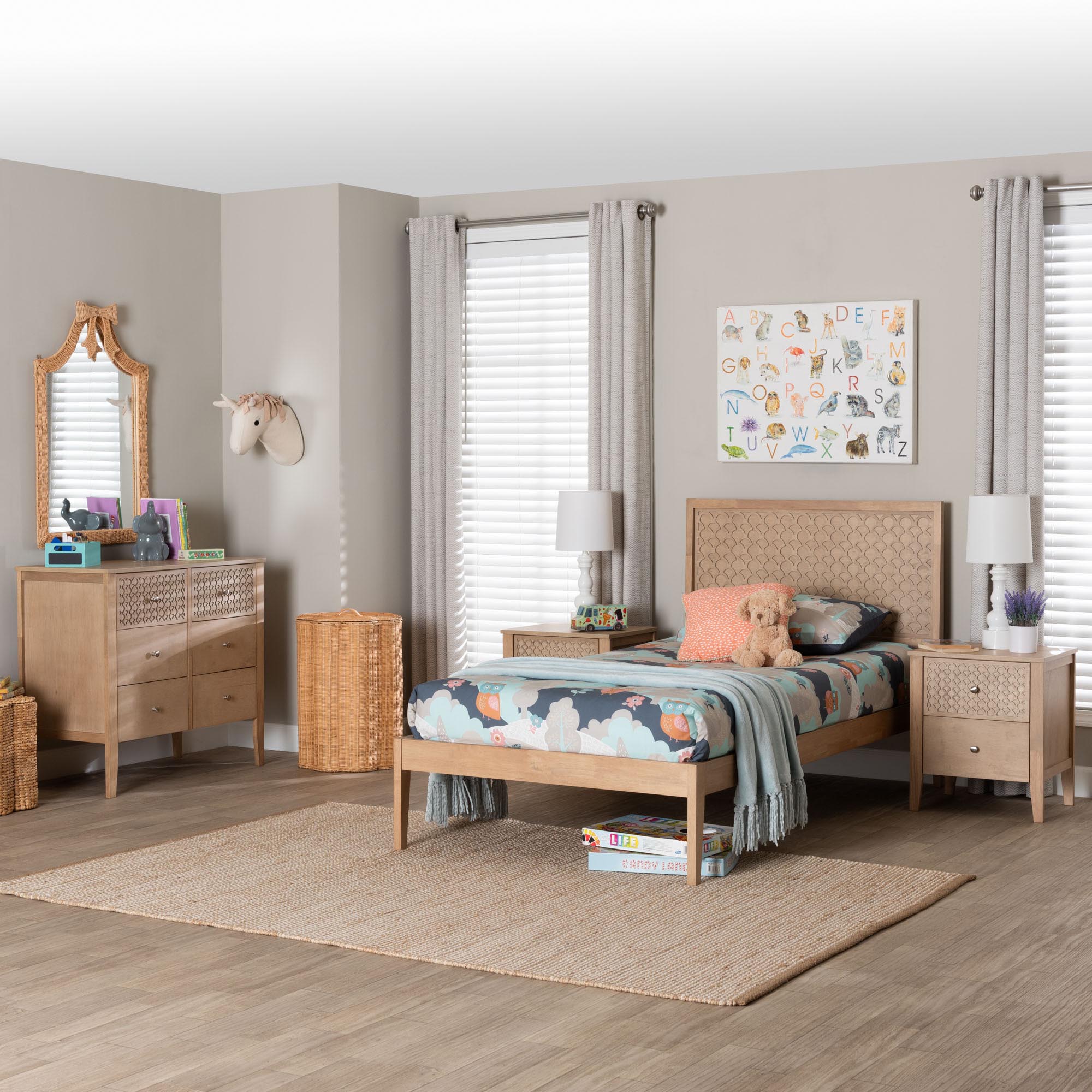 Baxton Studio Lara Twin 4-Piece Bedroom Set - Modern Wood Bed Frame with Matching Nightstands and Dresser, Decorative Laser-Cut Overlay, oak Brown