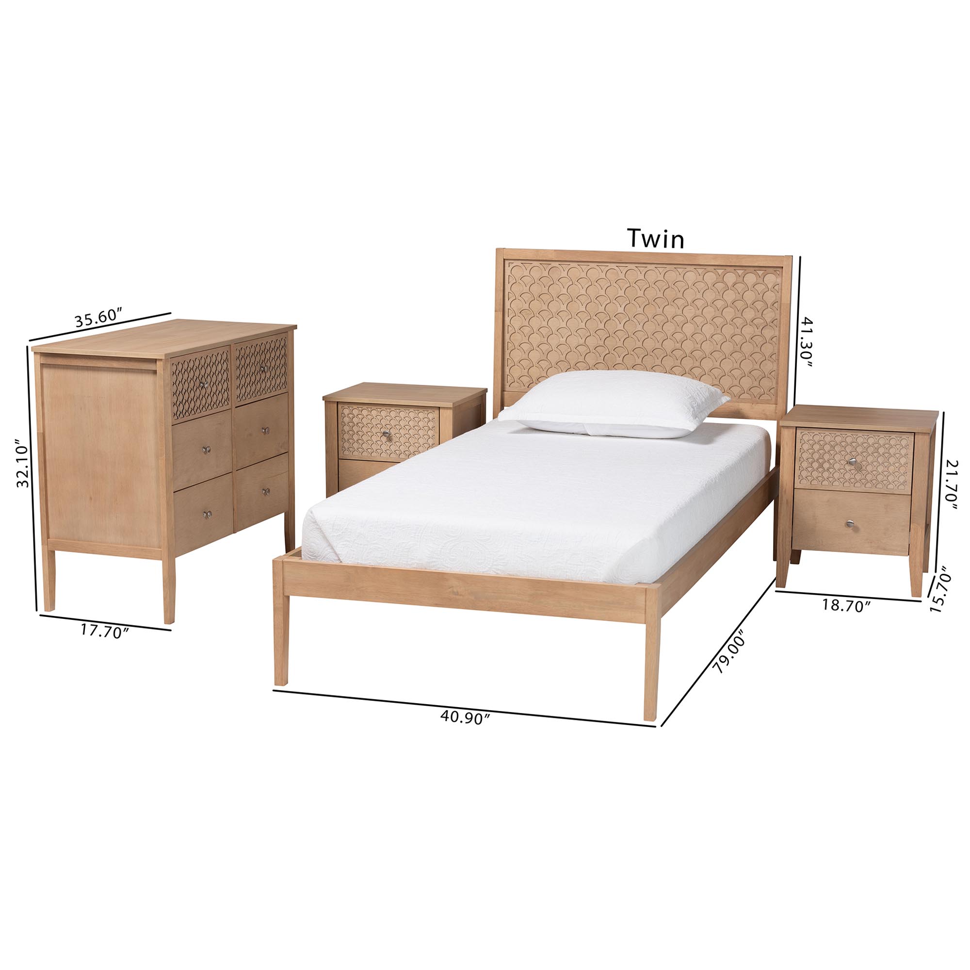 Baxton Studio Lara Twin 4-Piece Bedroom Set - Modern Wood Bed Frame with Matching Nightstands and Dresser, Decorative Laser-Cut Overlay, oak Brown