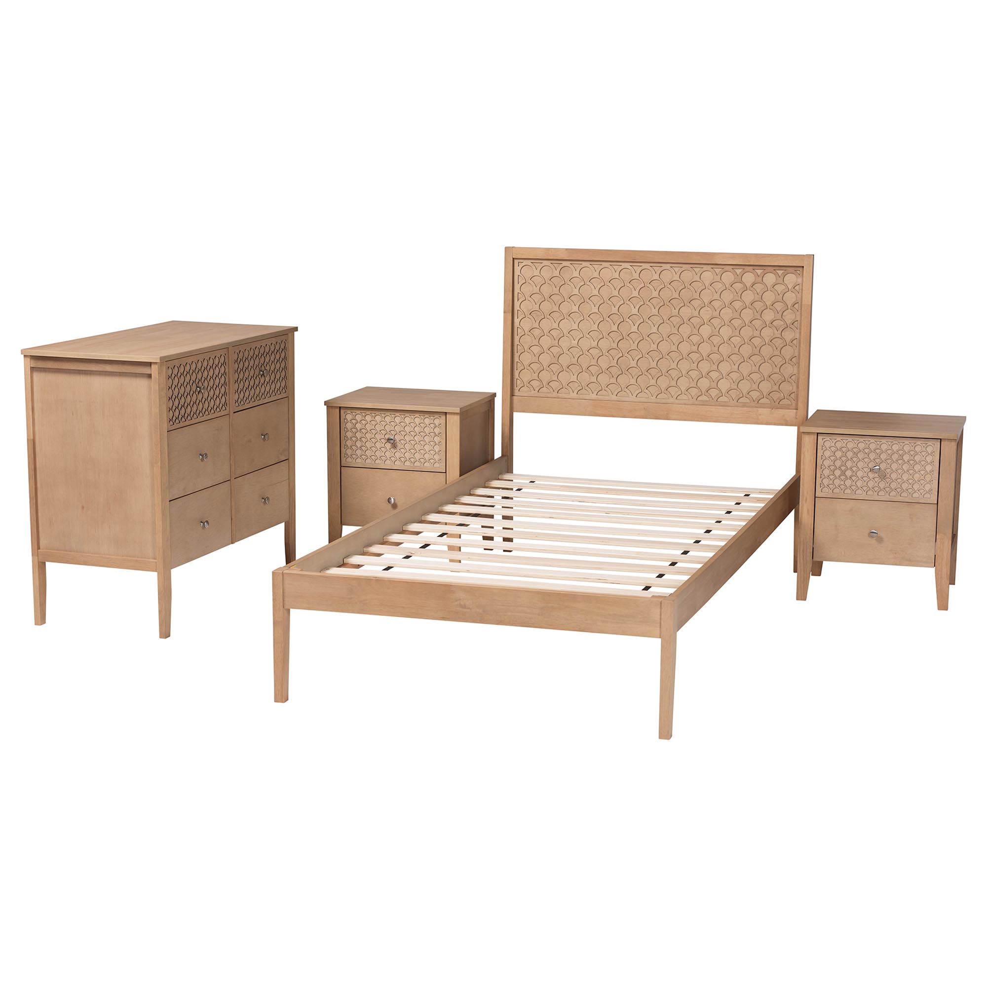 Baxton Studio Lara Twin 4-Piece Bedroom Set - Modern Wood Bed Frame with Matching Nightstands and Dresser, Decorative Laser-Cut Overlay, oak Brown