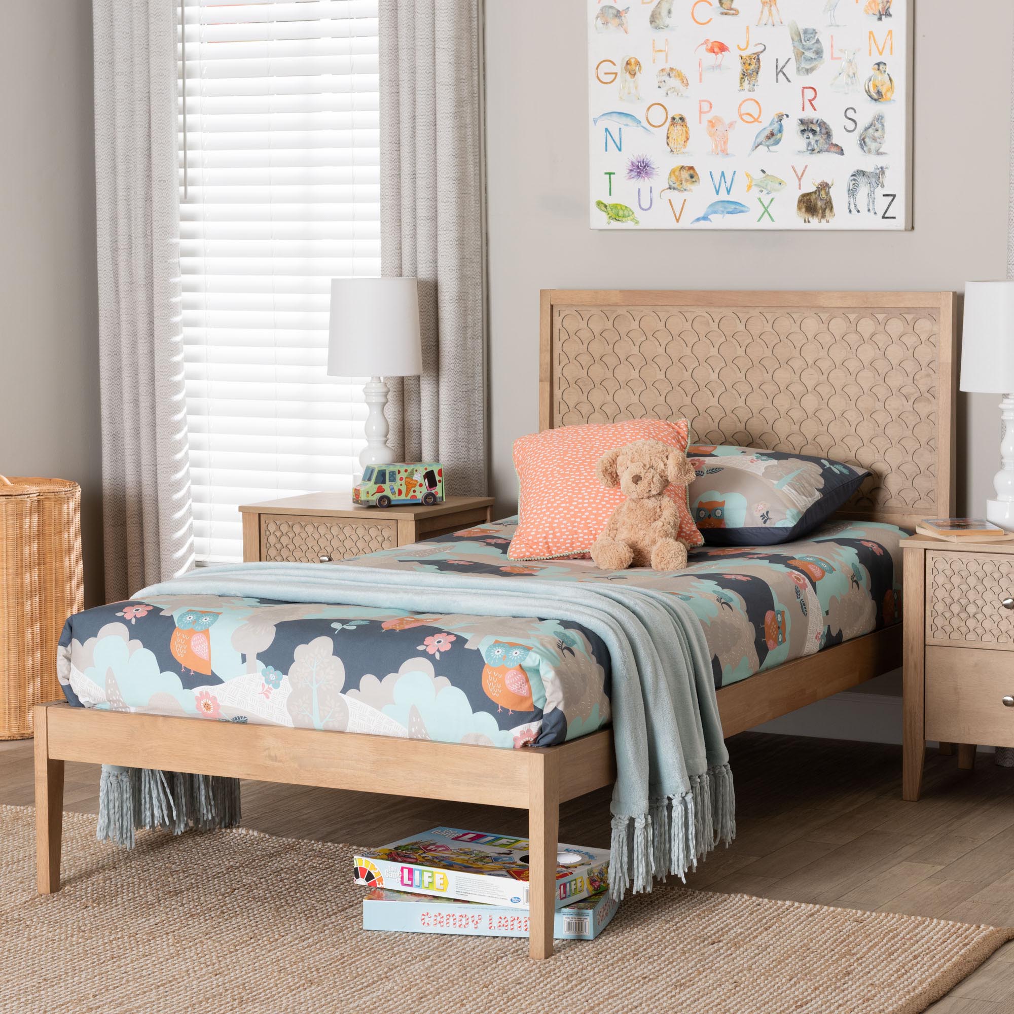 Baxton Studio Lara Twin Platform Bed - Modern Wood Bed Frame with Laser-Cut Decorative Headboard Overlay, Oak Brown