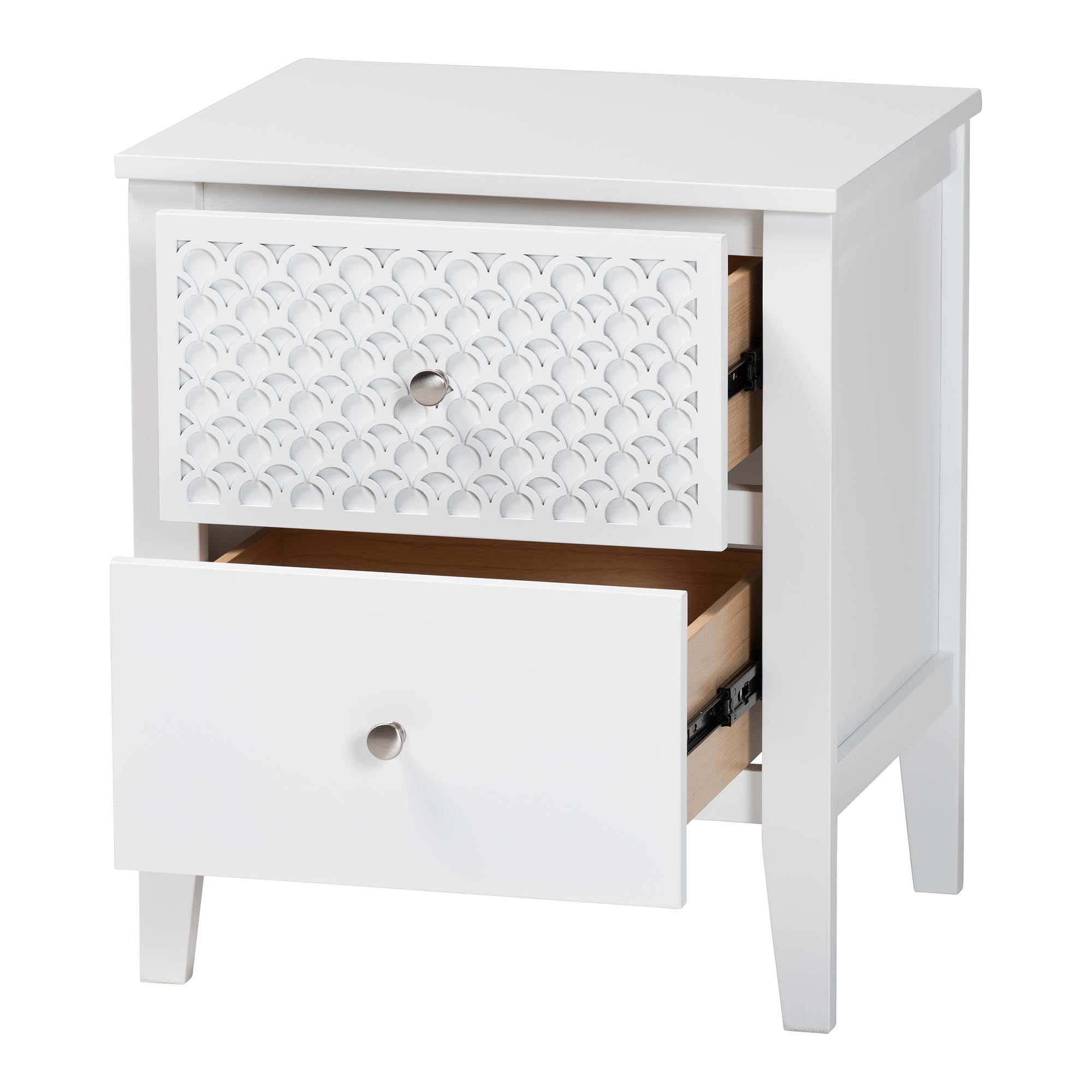 Baxton Studio Lara Nightstand - 2-Drawer Bedside Table with Laser-Cut Geometric Overlay for Bedroom or Guest Room, White