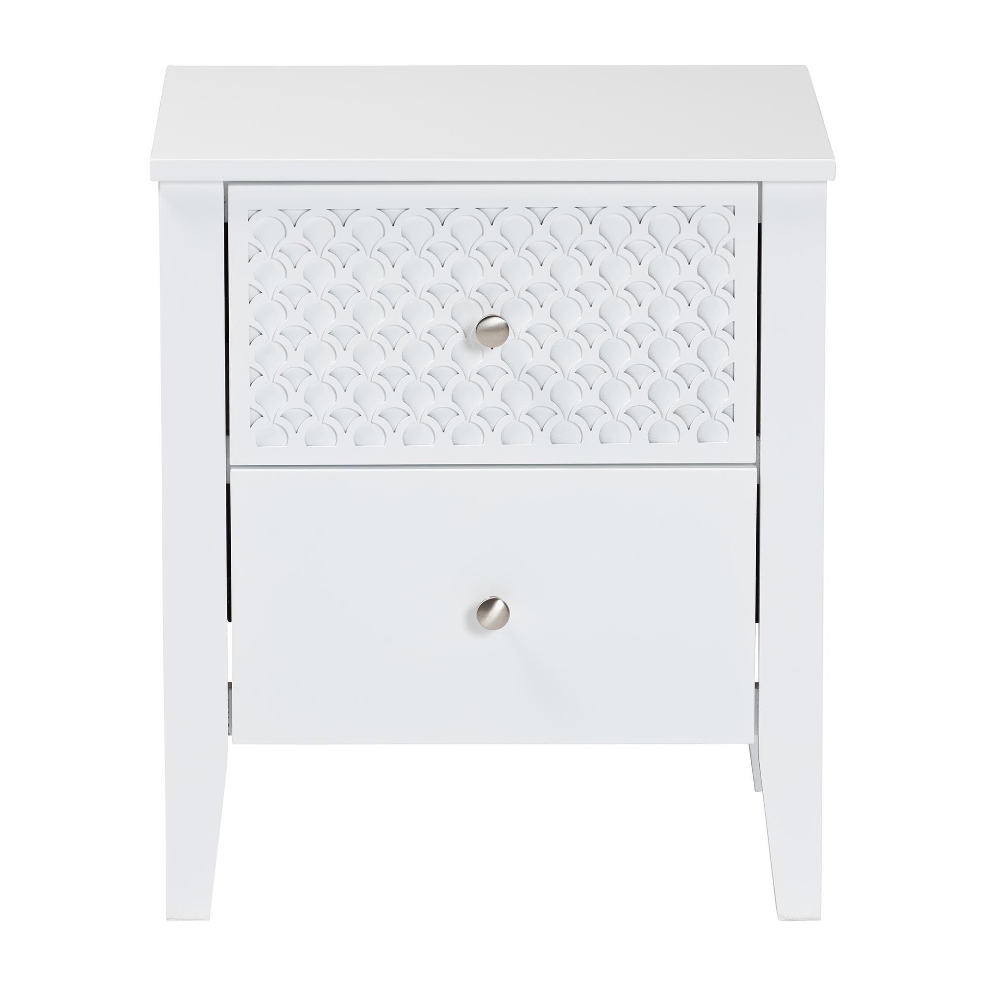 Baxton Studio Lara Nightstand - 2-Drawer Bedside Table with Laser-Cut Geometric Overlay for Bedroom or Guest Room, White