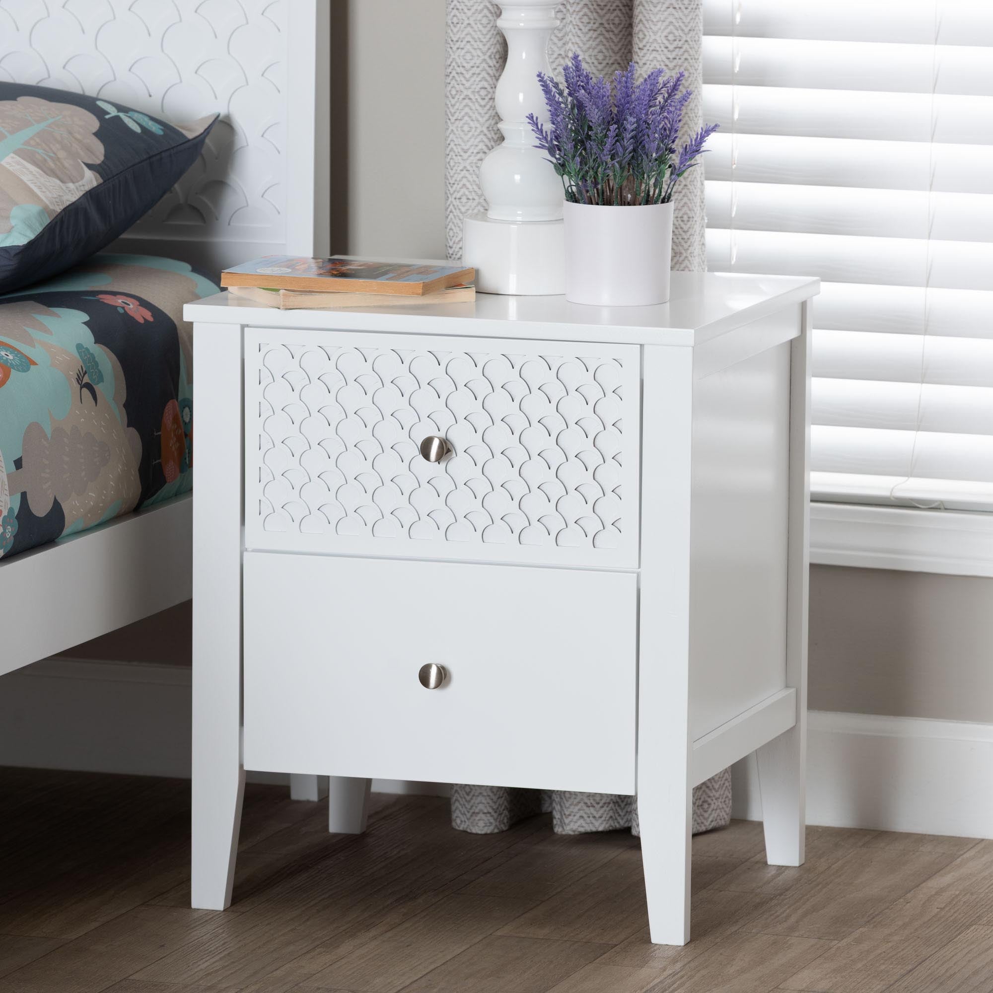 Baxton Studio Lara Nightstand - 2-Drawer Bedside Table with Laser-Cut Geometric Overlay for Bedroom or Guest Room, White