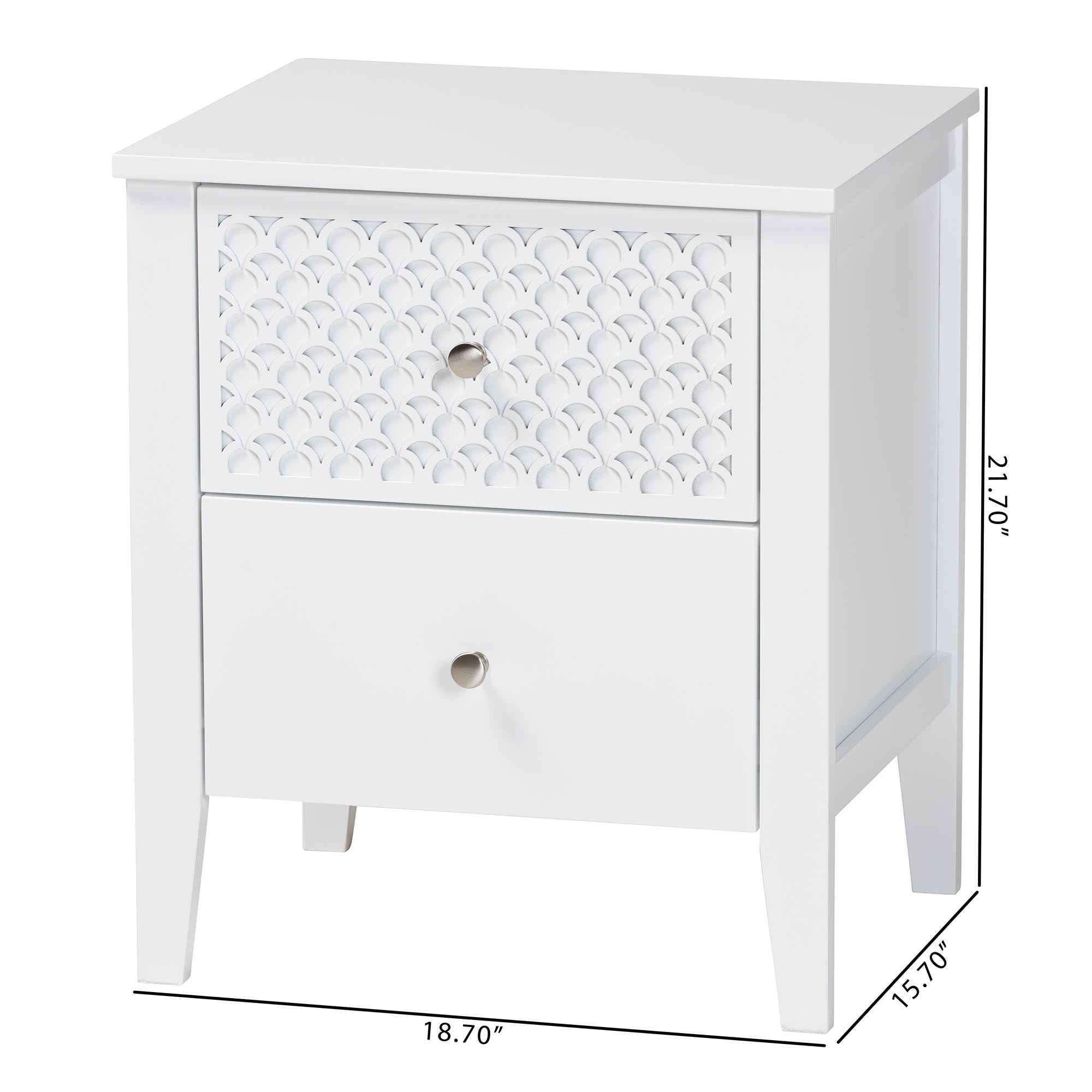 Baxton Studio Lara Nightstand - 2-Drawer Bedside Table with Laser-Cut Geometric Overlay for Bedroom or Guest Room, White