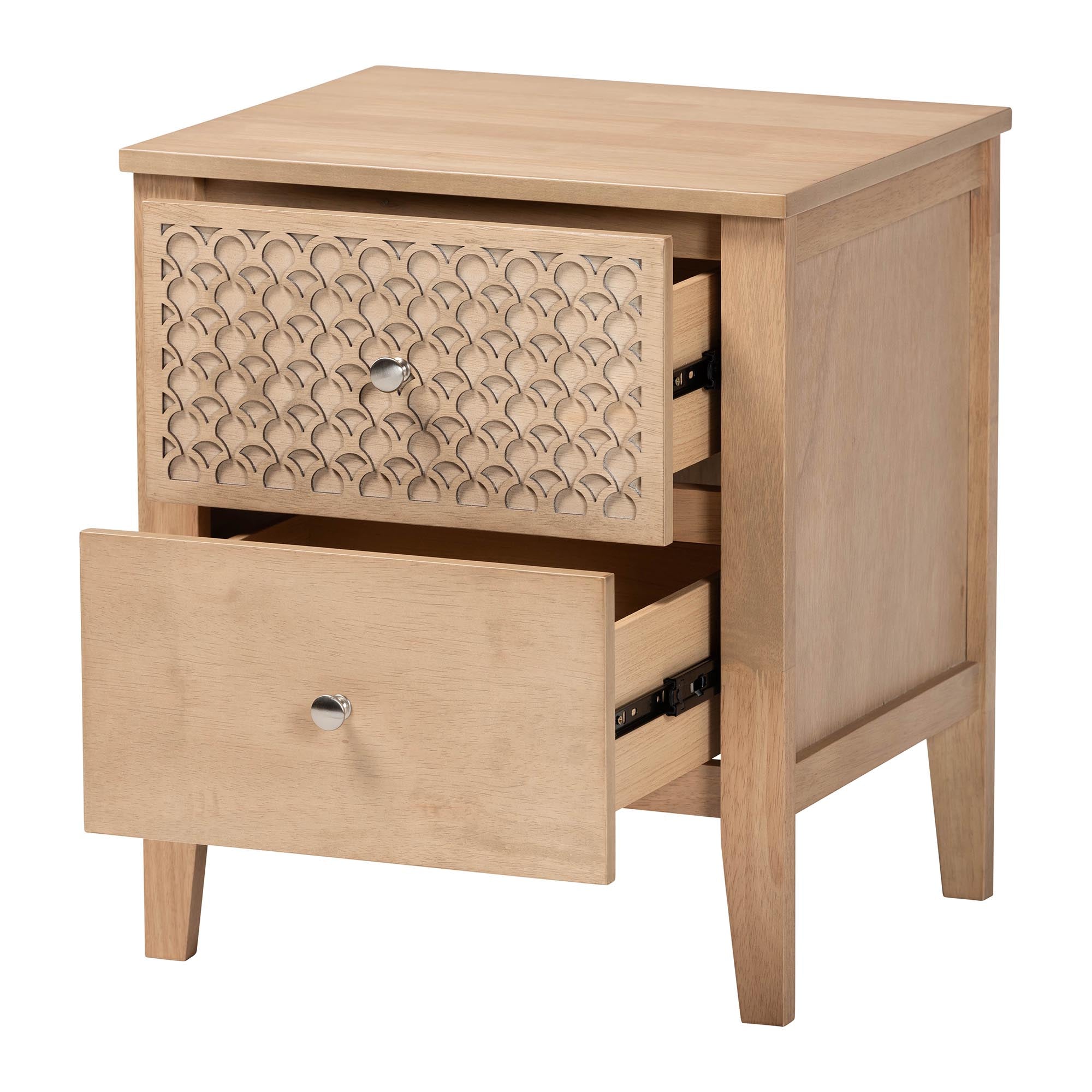 Baxton Studio Lara Nightstand - 2-Drawer Bedside Table with Laser-Cut Geometric Overlay for Bedroom or Guest Room, Oak Brown