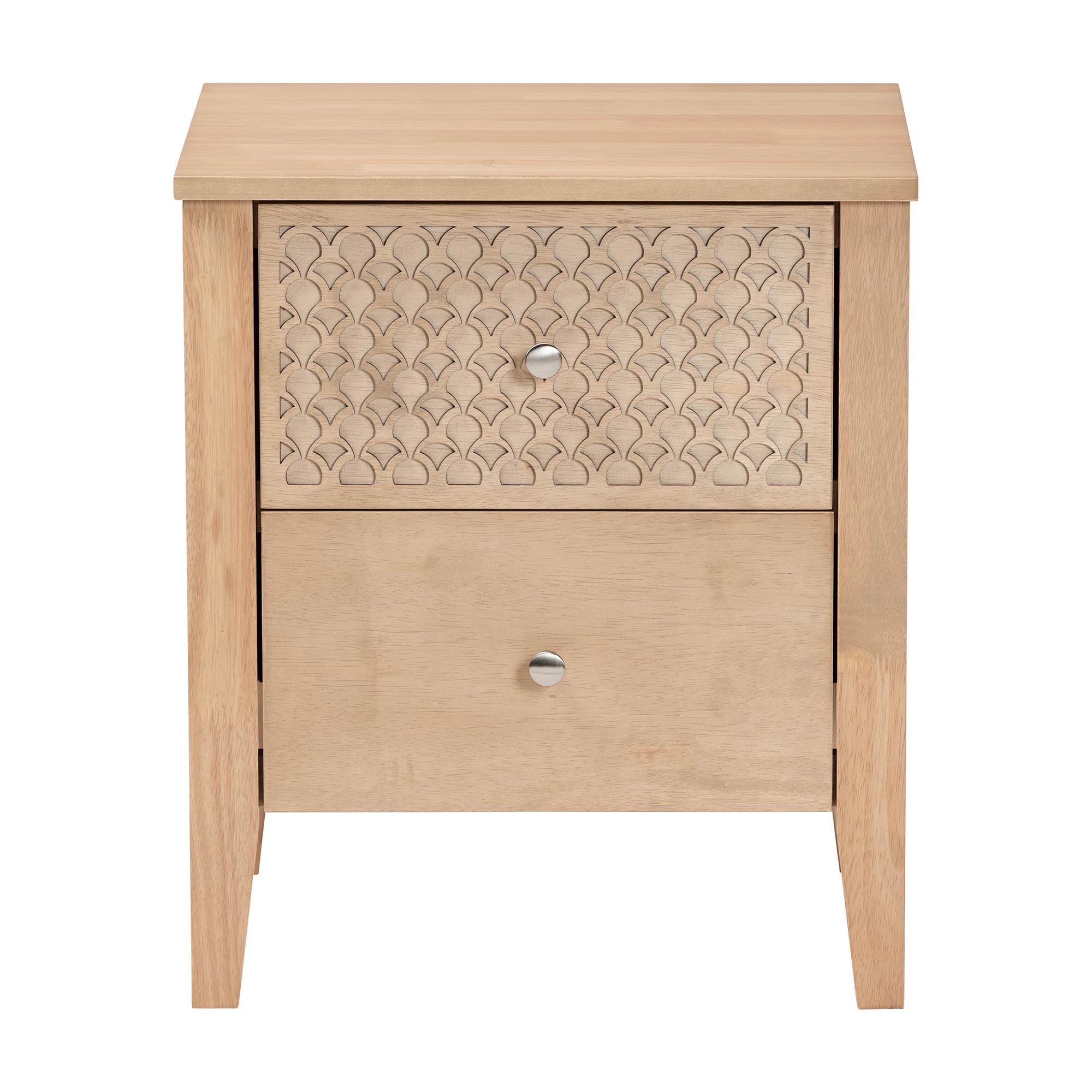 Baxton Studio Lara Nightstand - 2-Drawer Bedside Table with Laser-Cut Geometric Overlay for Bedroom or Guest Room, Oak Brown