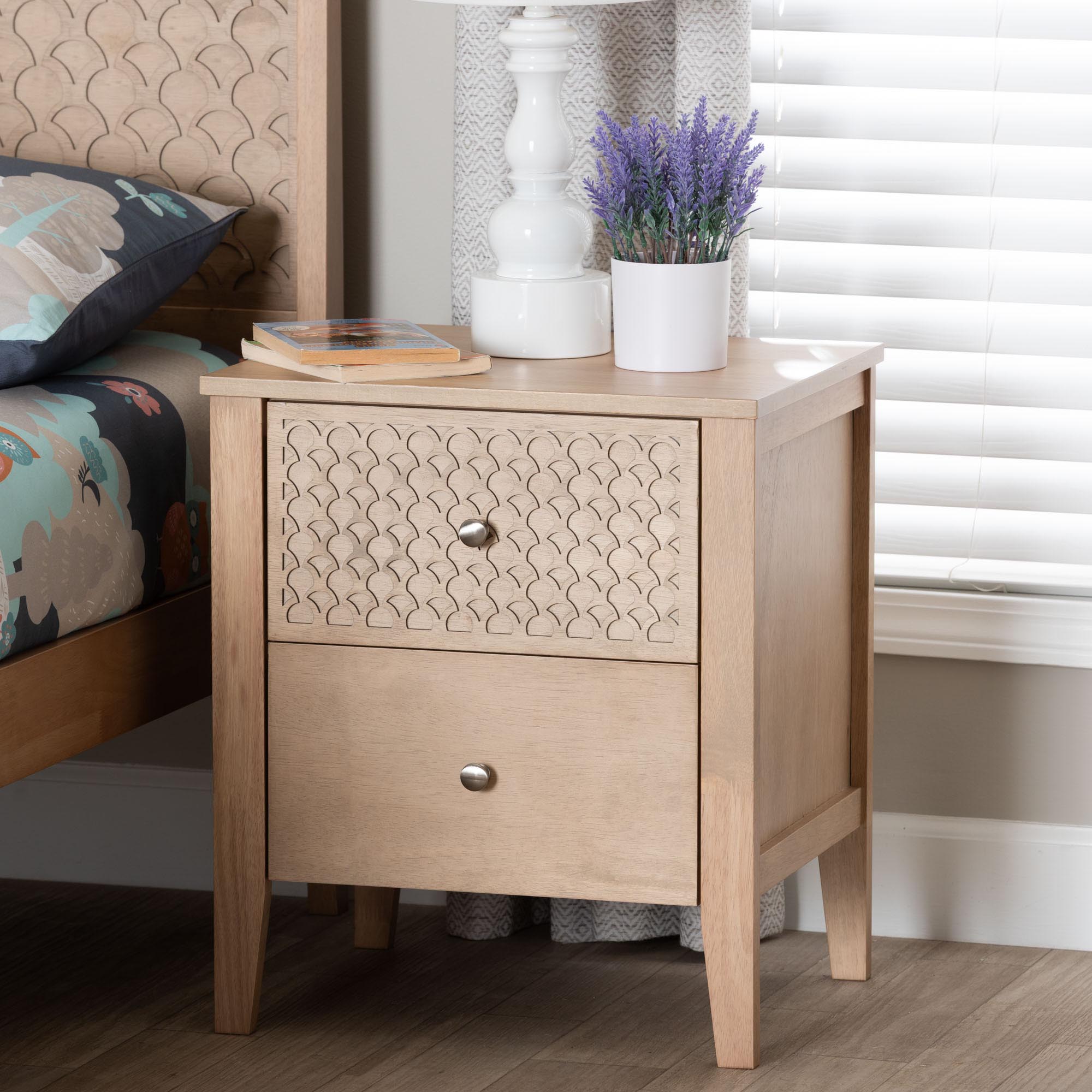 Baxton Studio Lara Nightstand - 2-Drawer Bedside Table with Laser-Cut Geometric Overlay for Bedroom or Guest Room, Oak Brown
