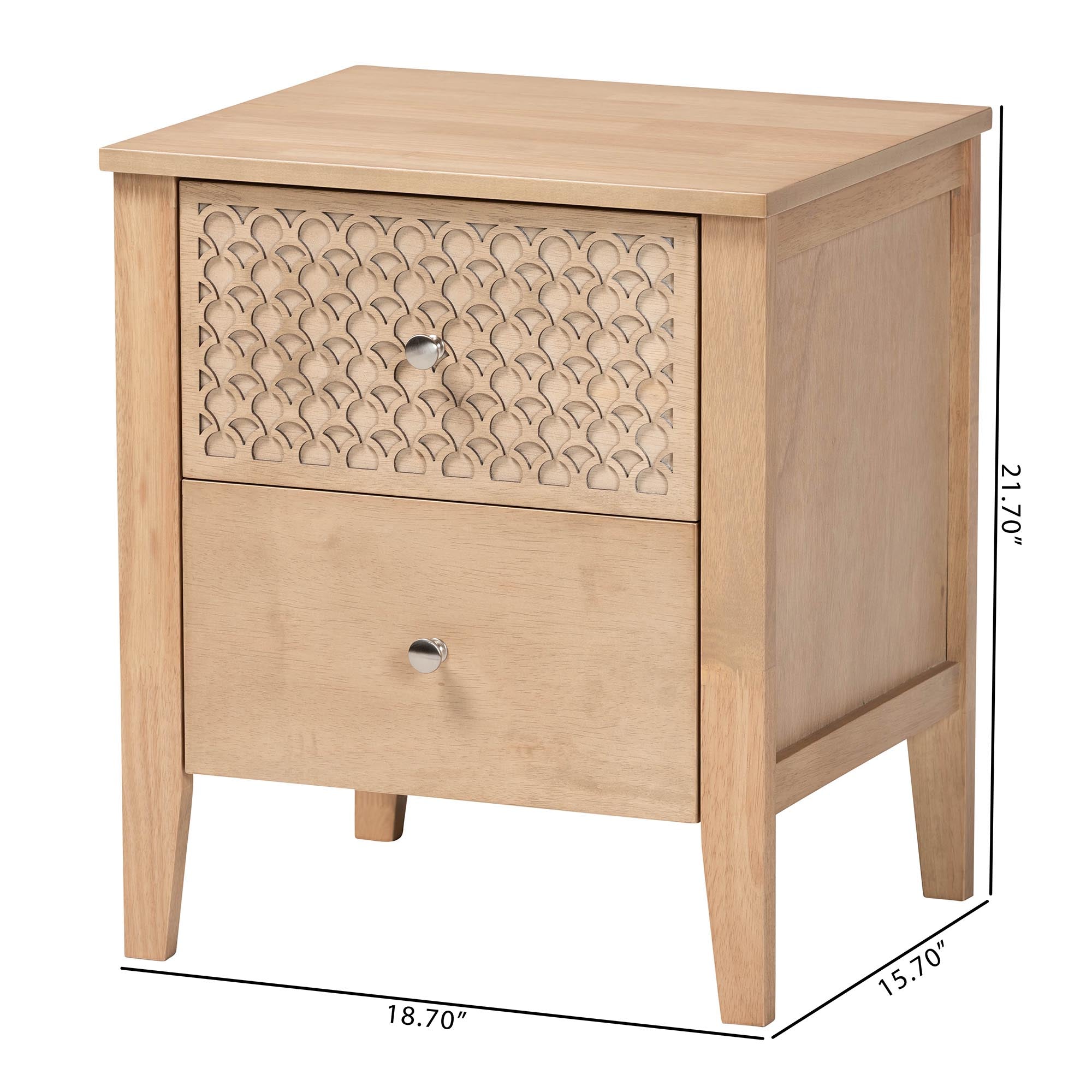 Baxton Studio Lara Nightstand - 2-Drawer Bedside Table with Laser-Cut Geometric Overlay for Bedroom or Guest Room, Oak Brown