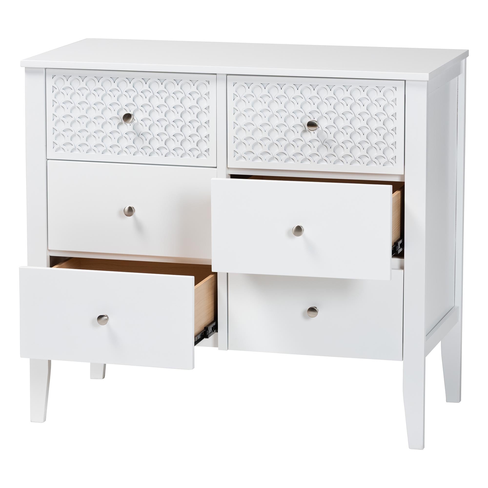 Baxton Studio Lara Dresser - 6-Drawer Bedroom Storage Chest with Laser-Cut Geometric Overlay for Clothing and Organization, White