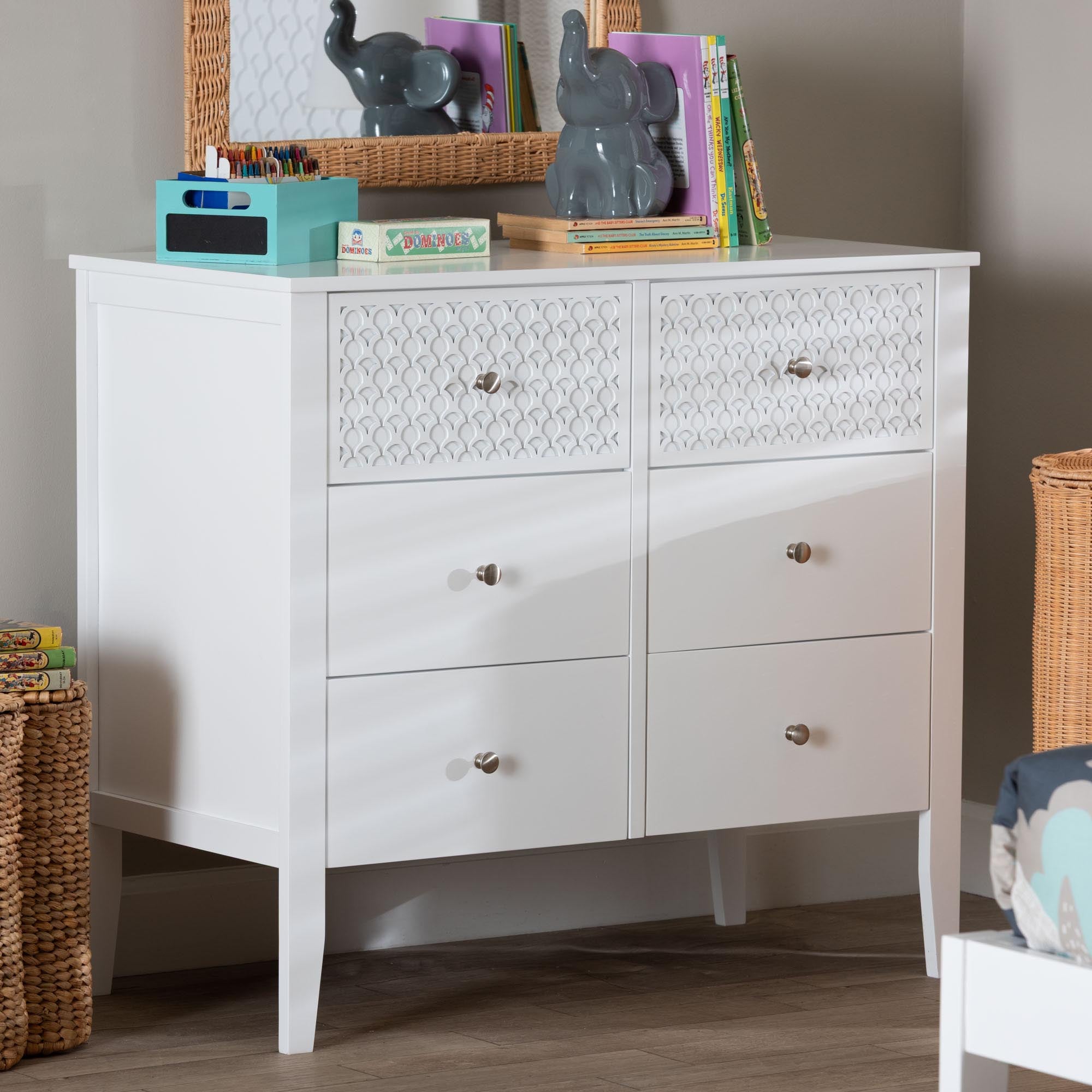 Baxton Studio Lara Dresser - 6-Drawer Bedroom Storage Chest with Laser-Cut Geometric Overlay for Clothing and Organization, White