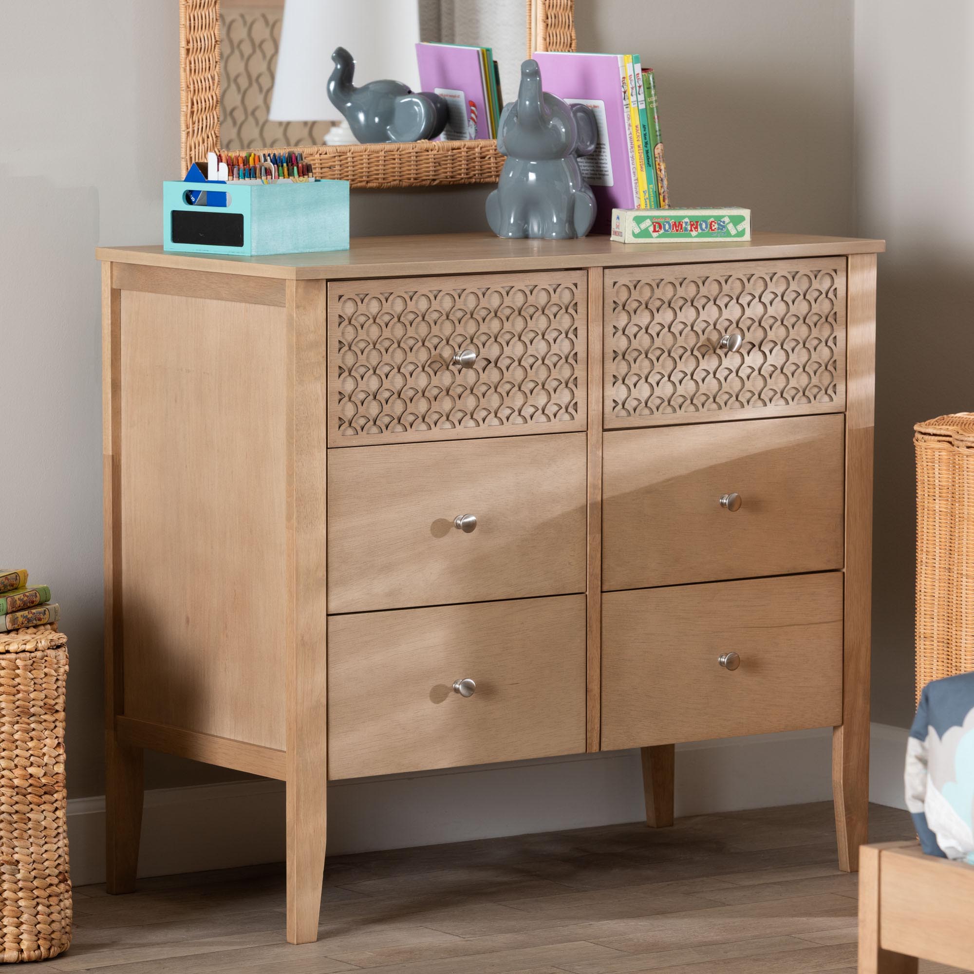 Baxton Studio Lara Dresser - 6-Drawer Bedroom Storage Chest with Laser-Cut Geometric Overlay for Clothing and Organization, Oak Brown