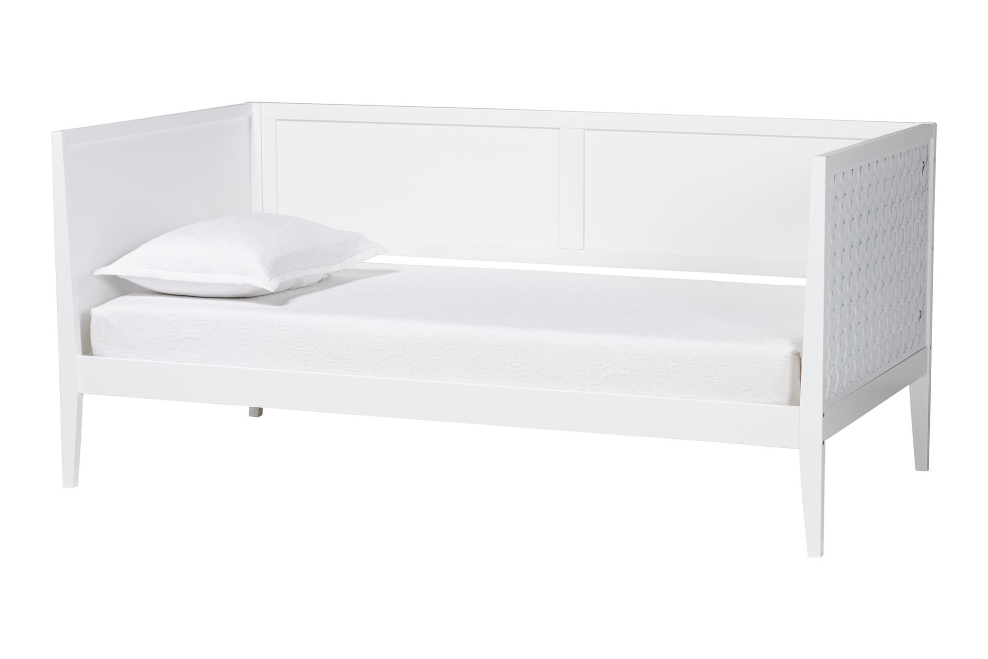 Baxton Studio Lara Twin Daybed - Modern Wood Bed Frame with Wraparound Laser-Cut Decorative Headboard Overlay, White