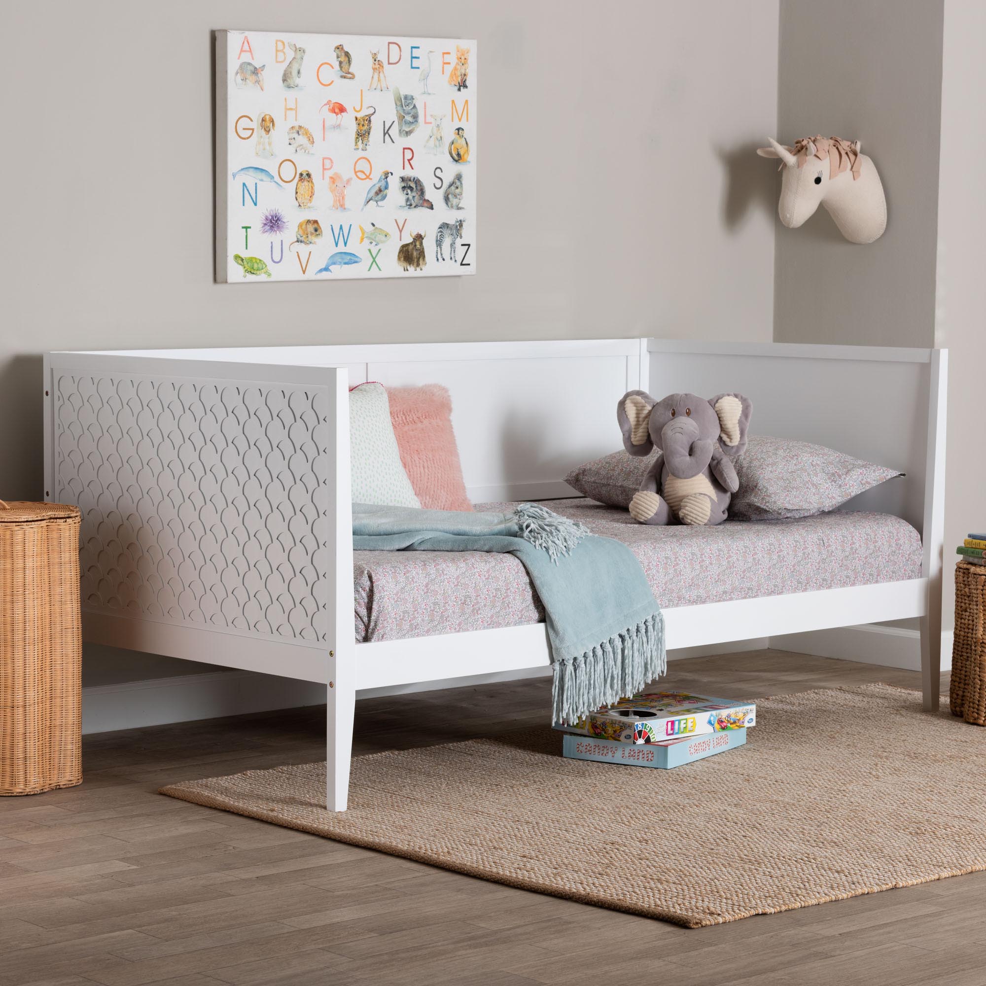 Baxton Studio Lara Twin Daybed - Modern Wood Bed Frame with Wraparound Laser-Cut Decorative Headboard Overlay, White