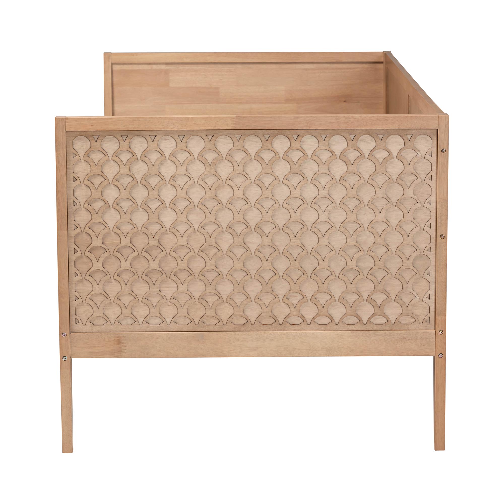 Baxton Studio Lara Twin Daybed - Modern Wood Bed Frame with Wraparound Laser-Cut Decorative Headboard Overlay, Oak Brown