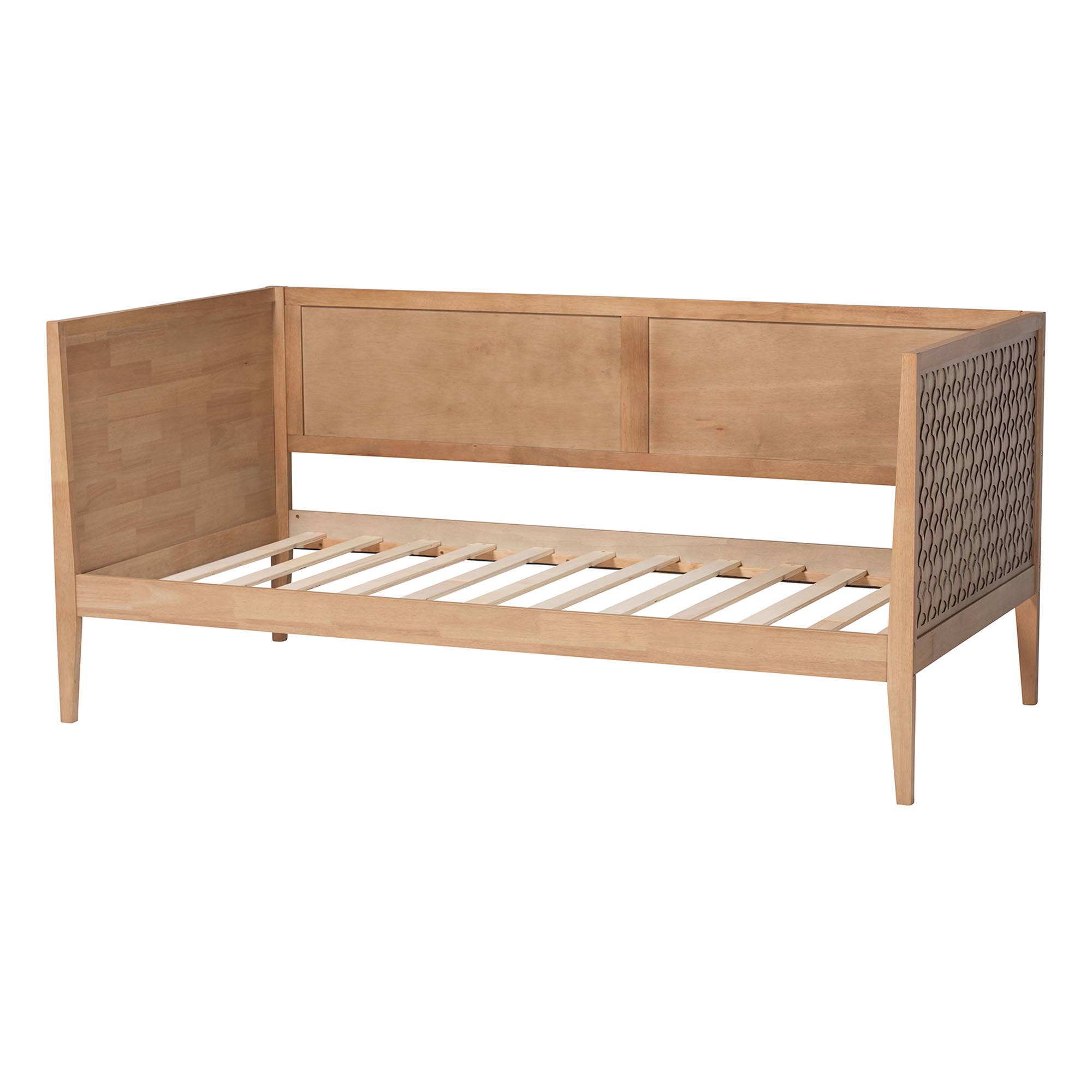Baxton Studio Lara Twin Daybed - Modern Wood Bed Frame with Wraparound Laser-Cut Decorative Headboard Overlay, Oak Brown