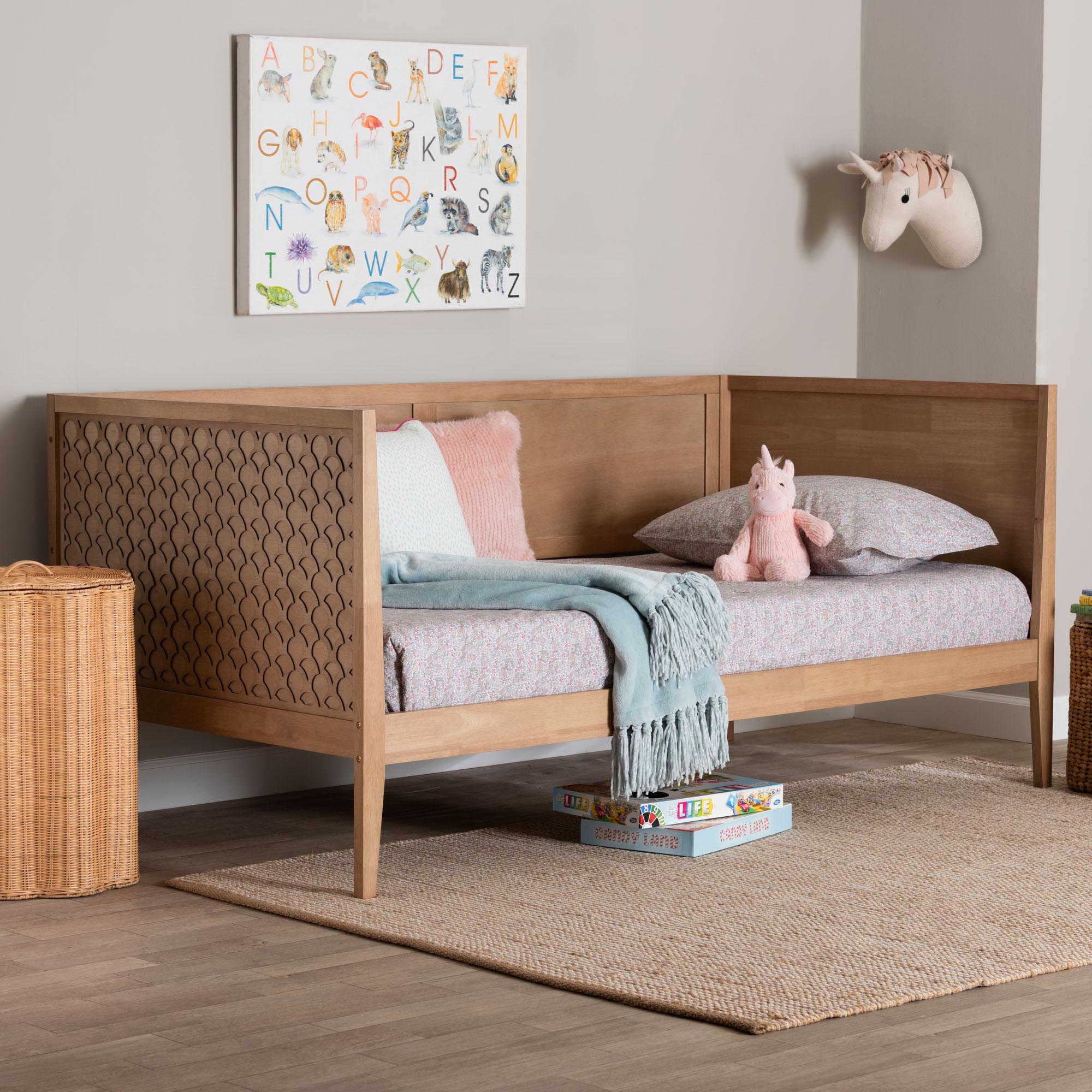 Baxton Studio Lara Twin Daybed - Modern Wood Bed Frame with Wraparound Laser-Cut Decorative Headboard Overlay, Oak Brown