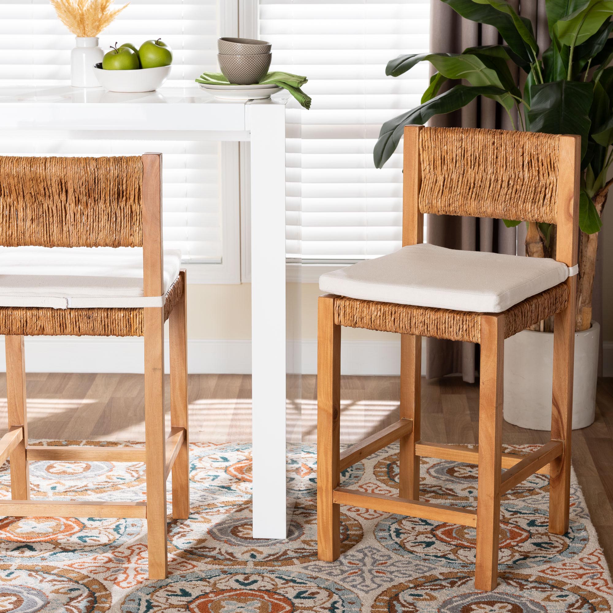bali & pari Pava Woven Seagrass Counter Stool - Solid Mahogany Wood Stool with Textured Back, Coastal Boho Seating for Kitchen Island, Counter Height