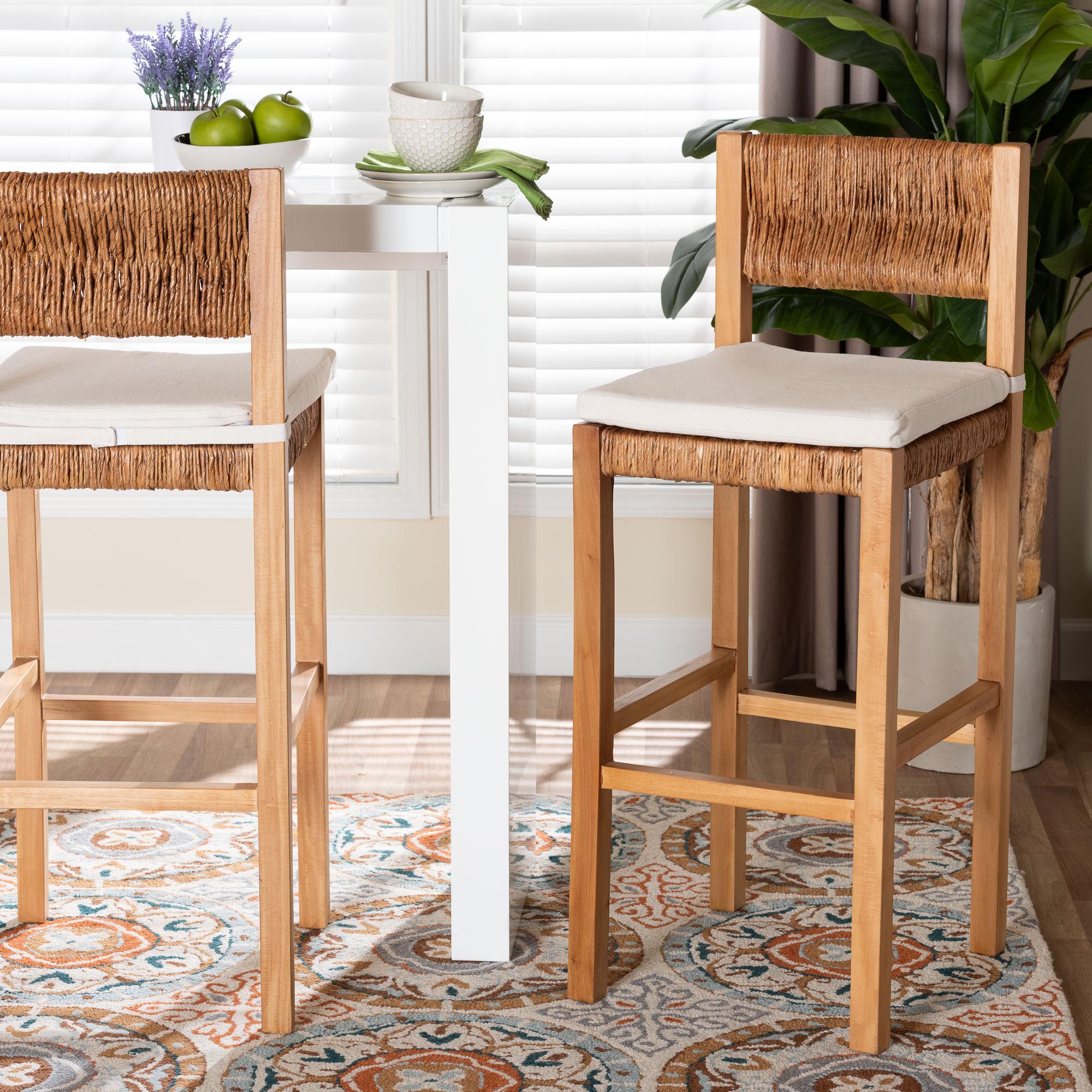 bali & pari Pava Woven Seagrass Bar Stool - Solid Mahogany Wood Stool with Textured Back, Coastal Boho Seating for Kitchen or Lounge, Bar Height