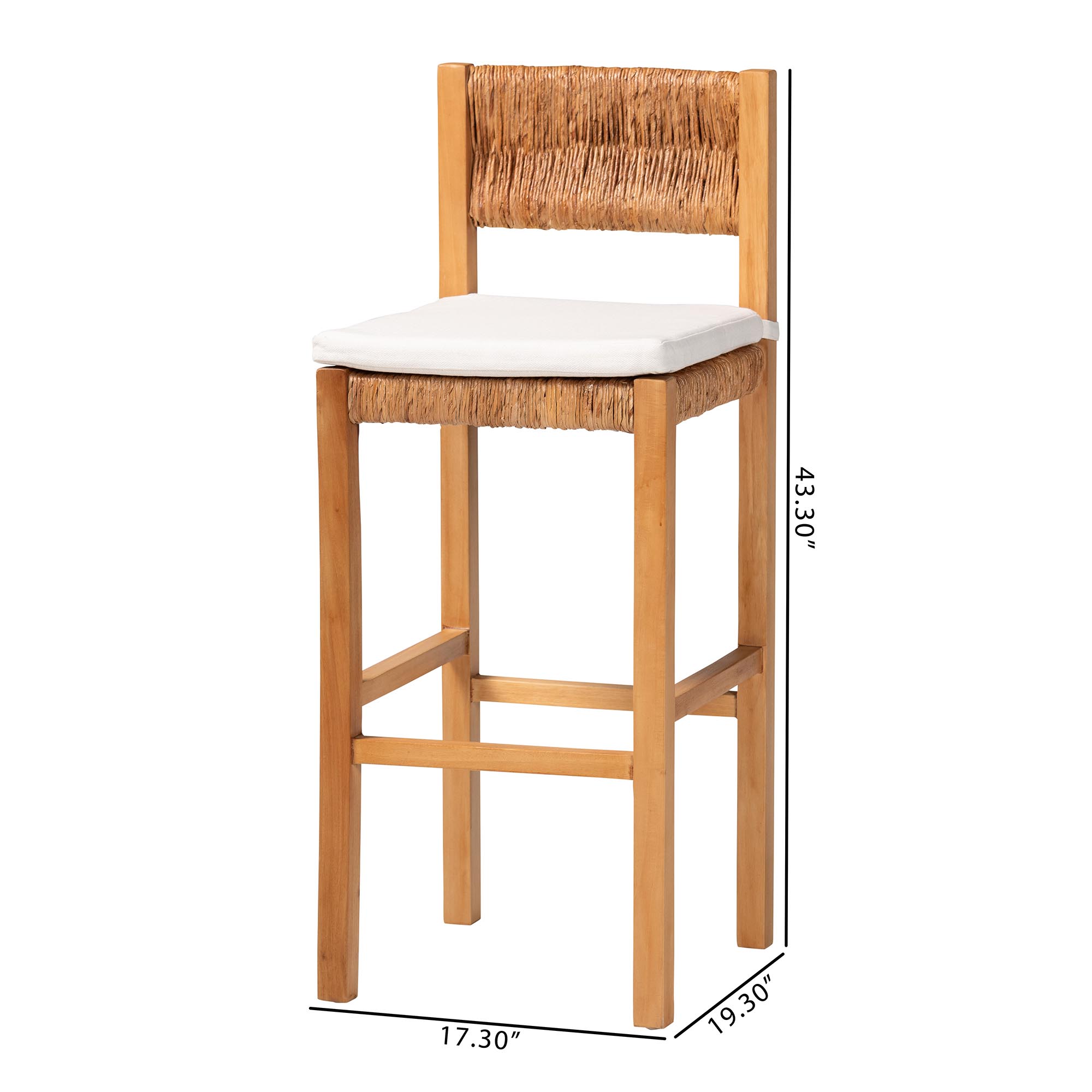 bali & pari Pava Woven Seagrass Bar Stool - Solid Mahogany Wood Stool with Textured Back, Coastal Boho Seating for Kitchen or Lounge, Bar Height