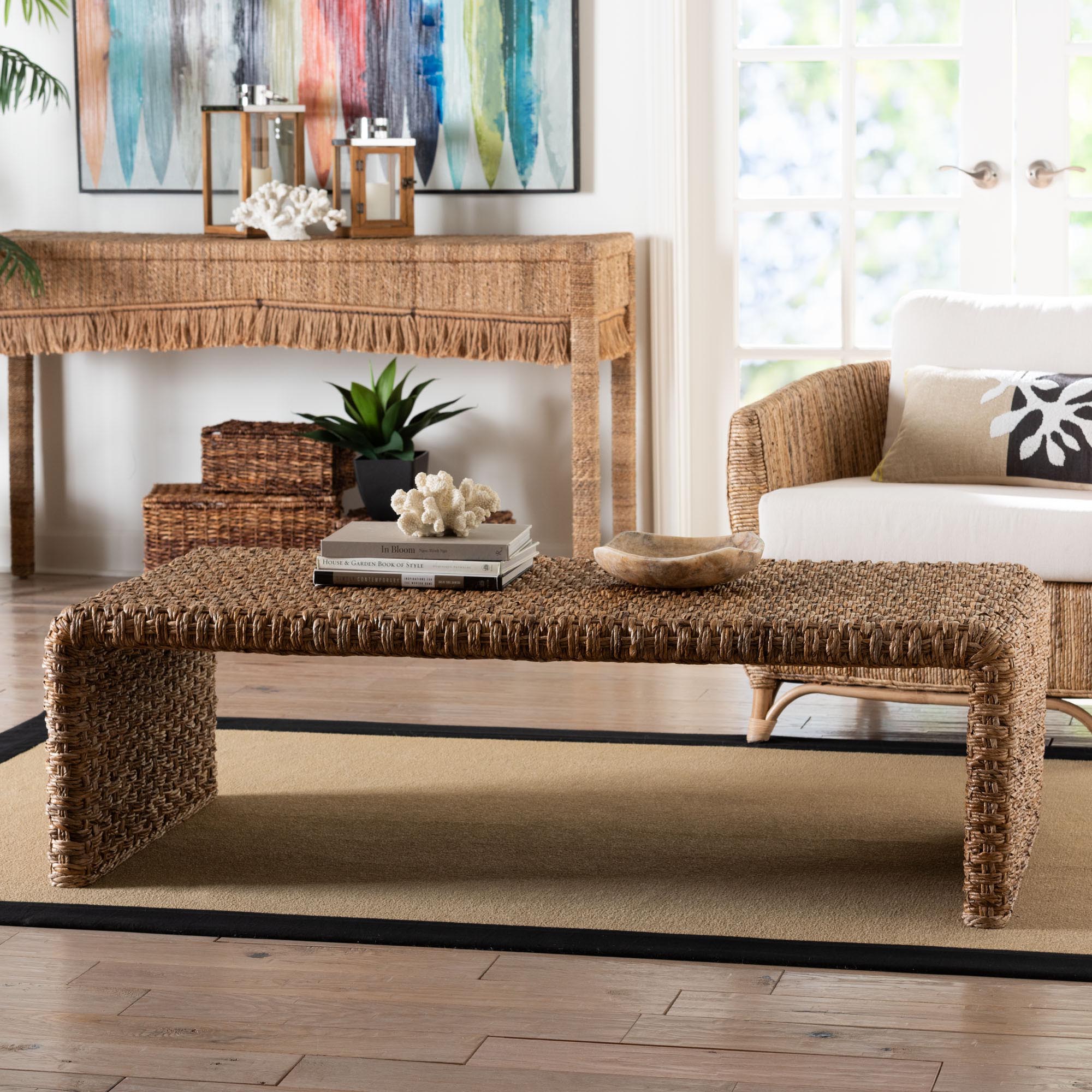 bali & pari Alda Handwoven Seagrass Coffee Table - Rustic Wicker Waterfall Accent Table for Living Room or Sunroom