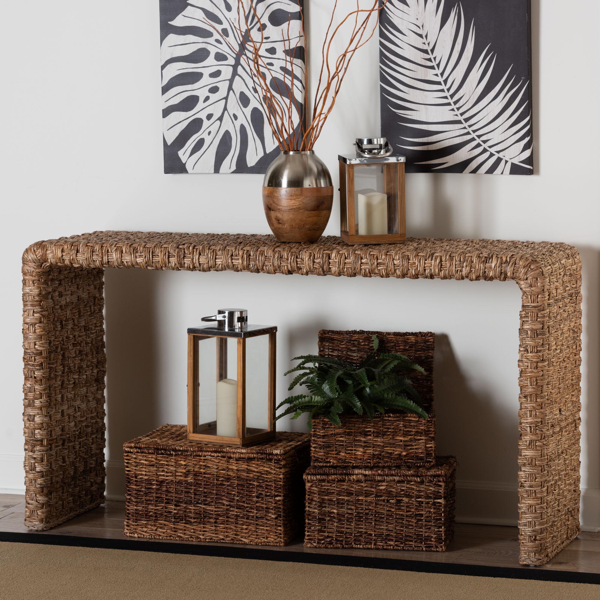 bali & pari Alda Handwoven Seagrass Console Table - Rustic Wicker Waterfall Accent Table for Living Room, Hallway, or Entryway