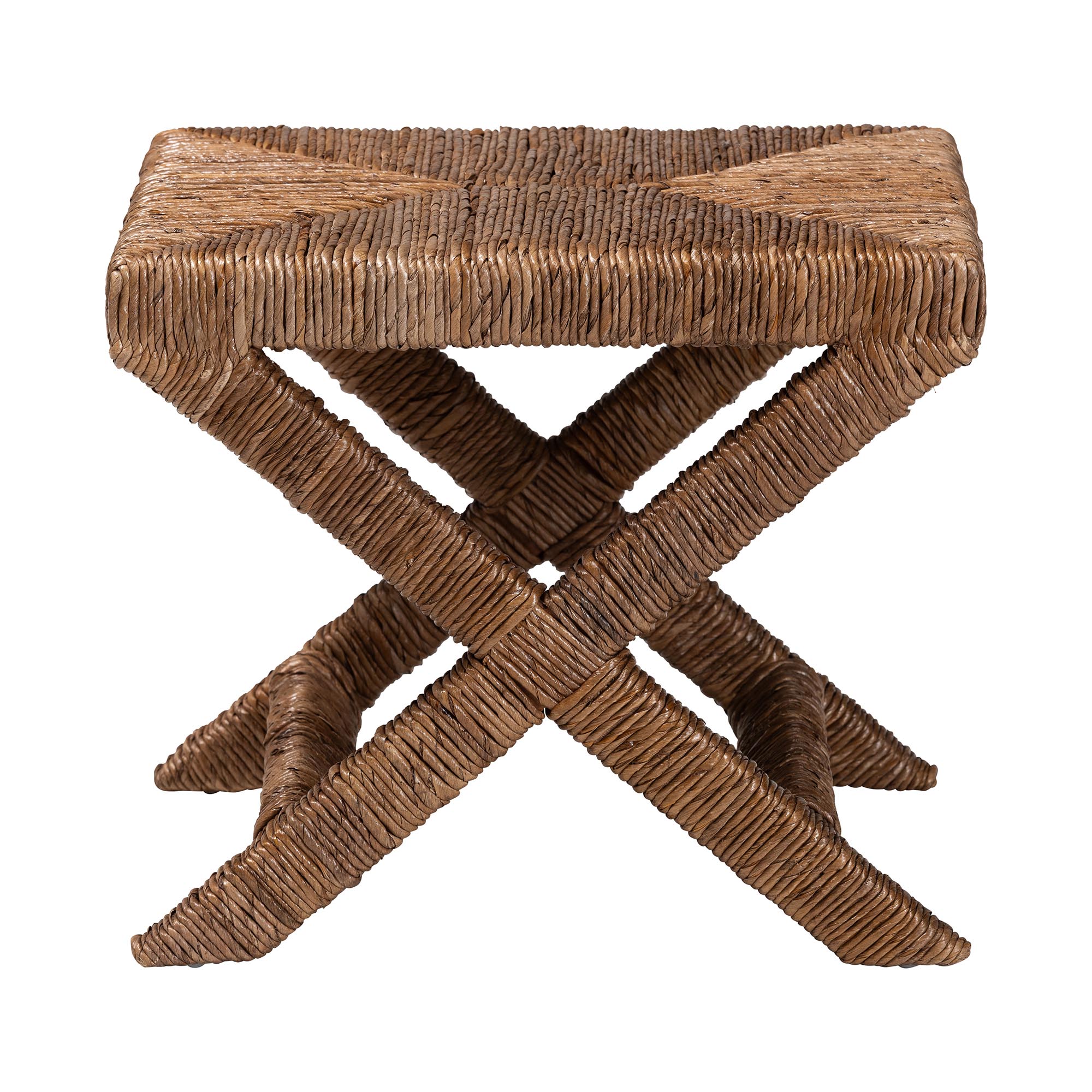 bali & pari Alda Woven Seagrass Ottoman - Handwoven Wicker Accent Stool with X Base, Boho Coastal Seating