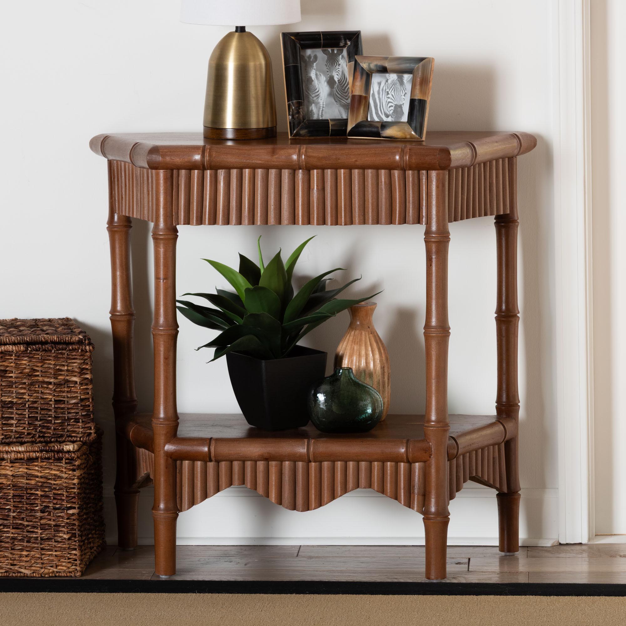 bali & pari Alessa Mahogany Wood Console Table - Fluted Wood Accent Table with Bamboo Motif and Two-Tier Display for Living Room, Entryway, or Hallway, 32 in.