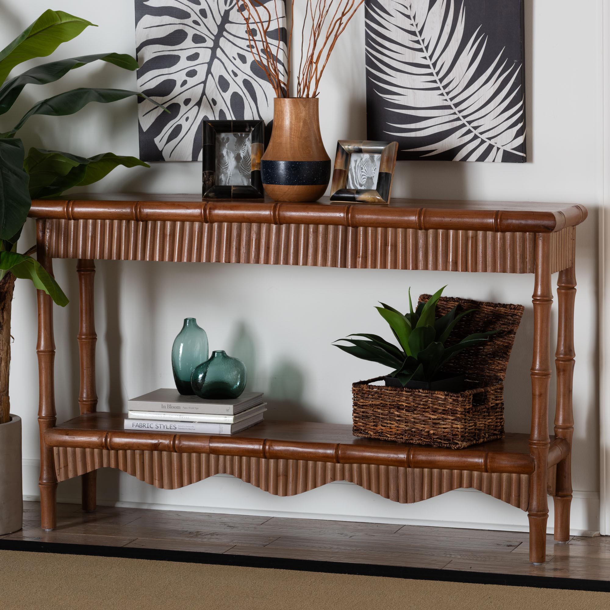 bali & pari Alessa Mahogany Wood Console Table - Fluted Wood Accent Table with Bamboo Motif and Two-Tier Display for Living Room, Entryway, or Hallway, 54 in.