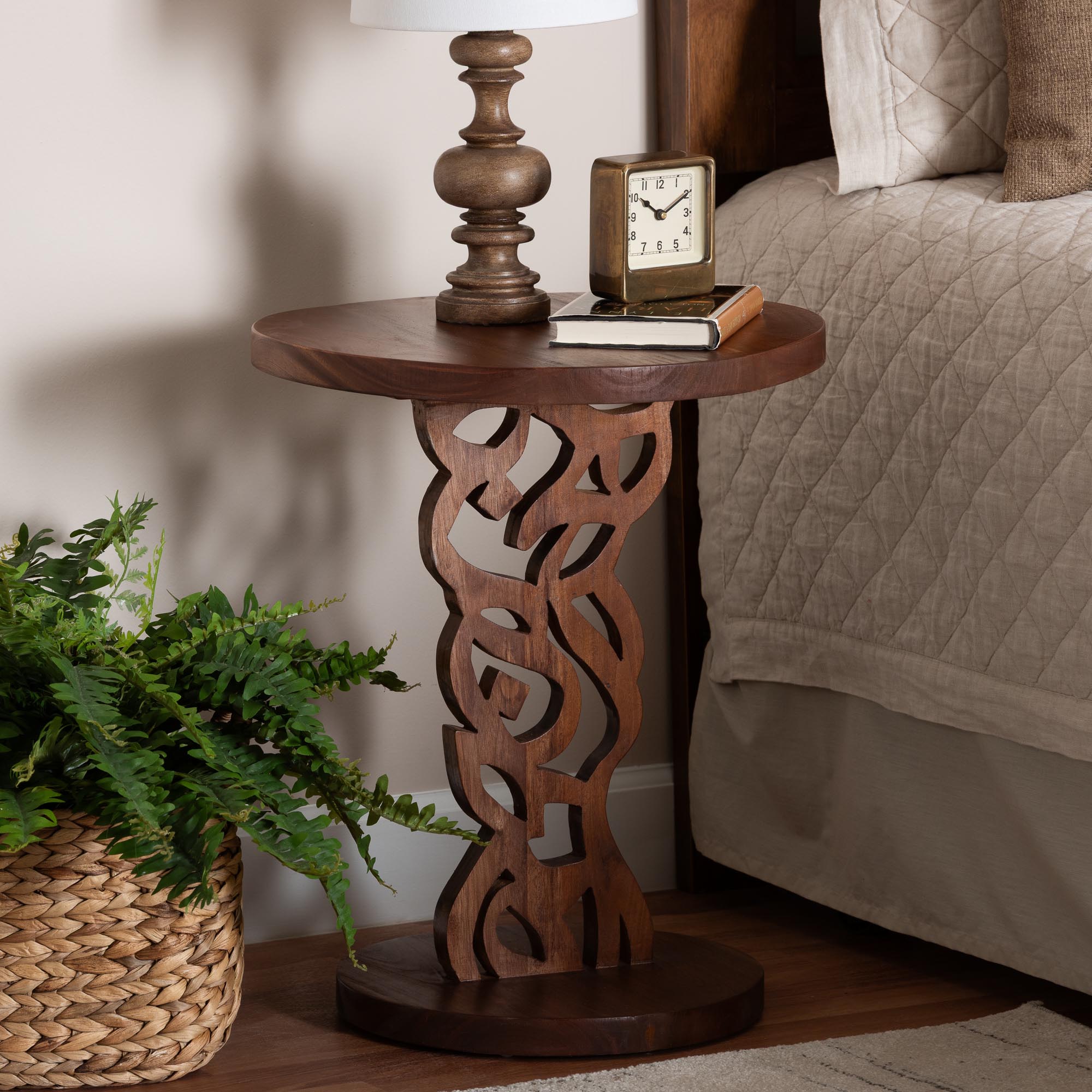 bali & pari Donna Nightstand with Pedestal Base - Mahogany Wood Bedside Side Table with Round Tabletop