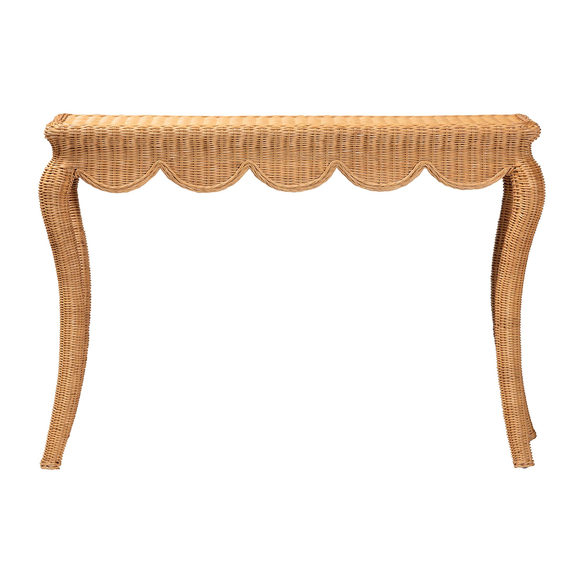 bali & pari Deborah Natural Rattan Console Table - Handwoven Wicker Accent Table with Cabriole Legs, Scalloped Coastal Cottage Household Complement