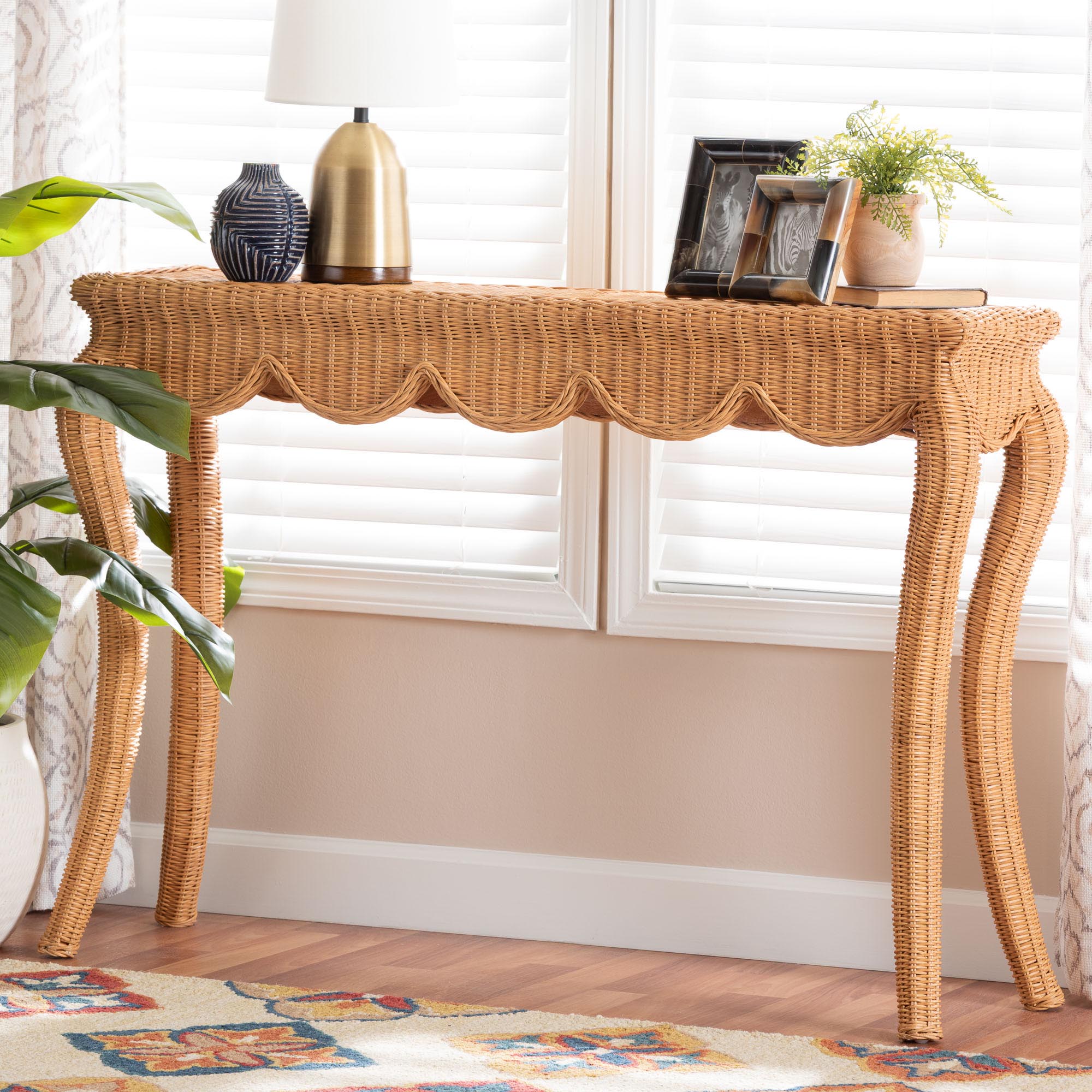 bali & pari Deborah Natural Rattan Console Table - Handwoven Wicker Accent Table with Cabriole Legs, Scalloped Coastal Cottage Household Complement