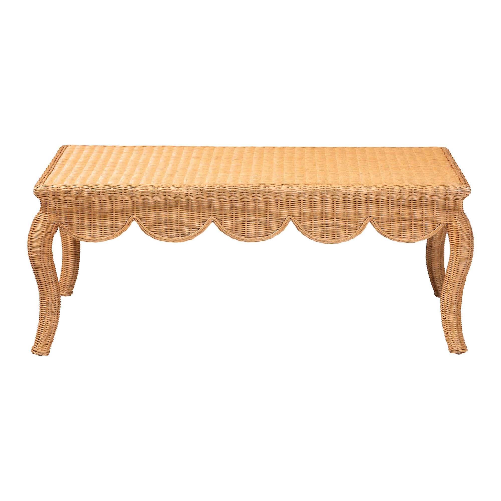 bali & pari Deborah Natural Rattan Coffee Table - Handwoven Wicker Accent Table with Cabriole Legs, Scalloped Coastal Cottage Living Room Centerpiece