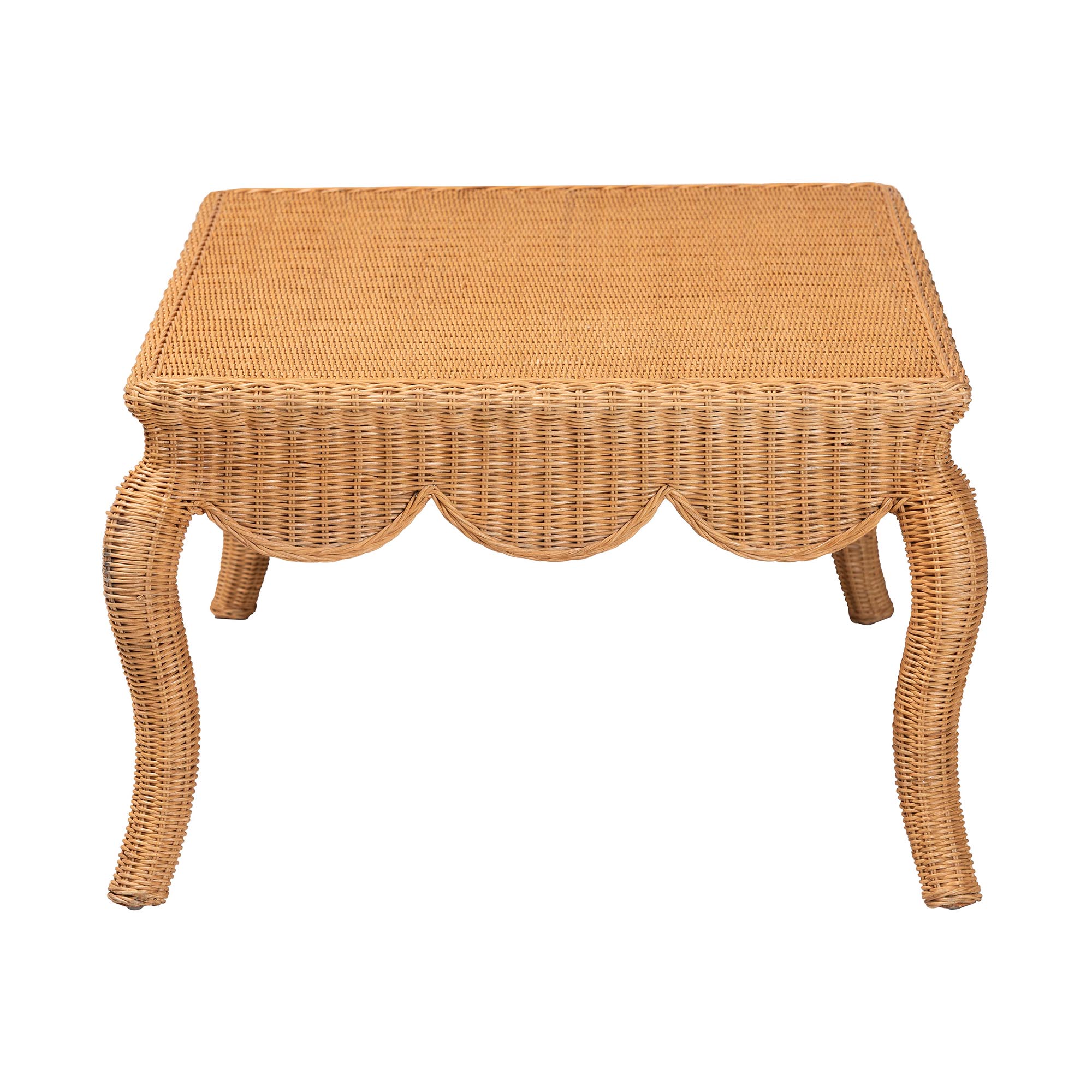 bali & pari Deborah Natural Rattan Coffee Table - Handwoven Wicker Accent Table with Cabriole Legs, Scalloped Coastal Cottage Living Room Centerpiece