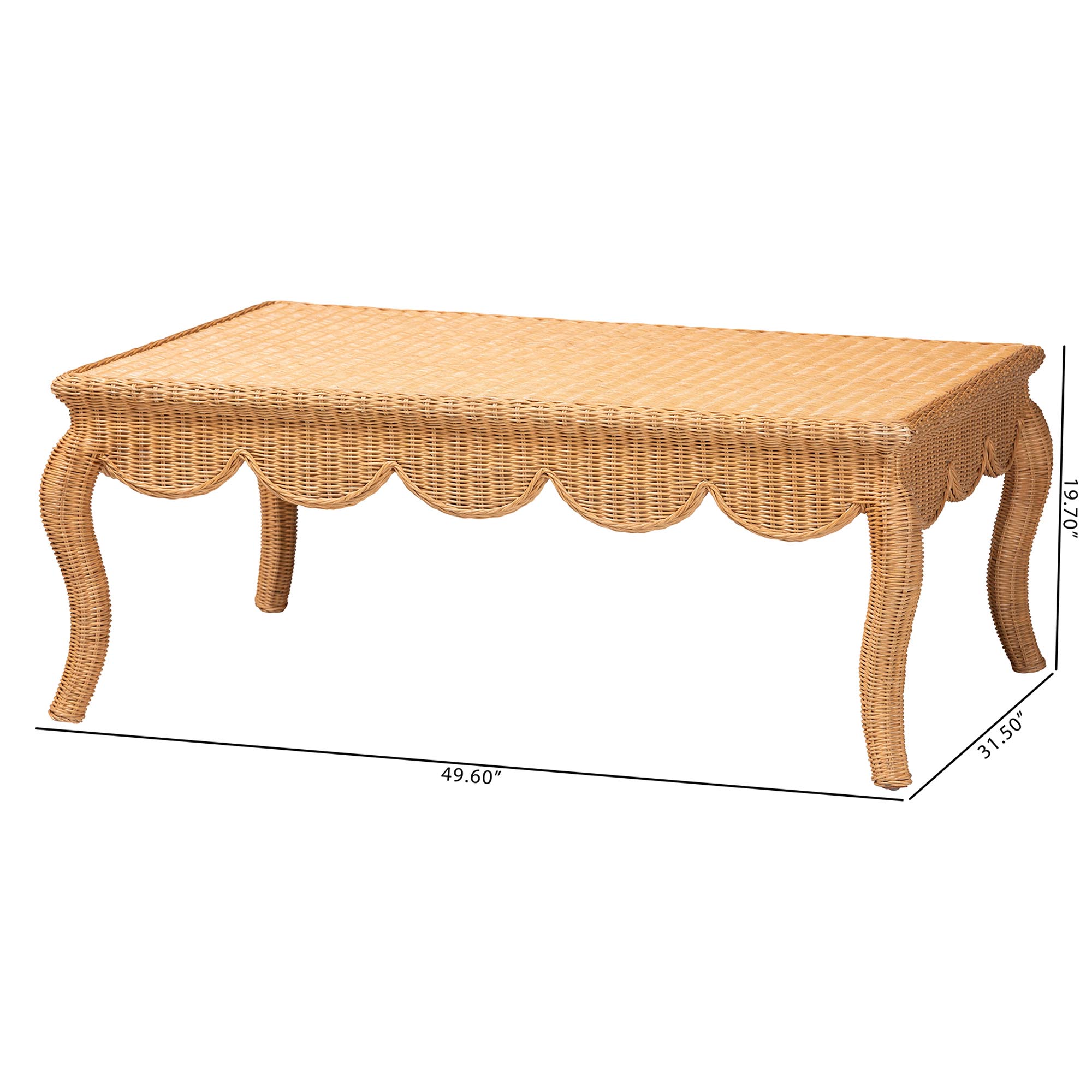 bali & pari Deborah Natural Rattan Coffee Table - Handwoven Wicker Accent Table with Cabriole Legs, Scalloped Coastal Cottage Living Room Centerpiece