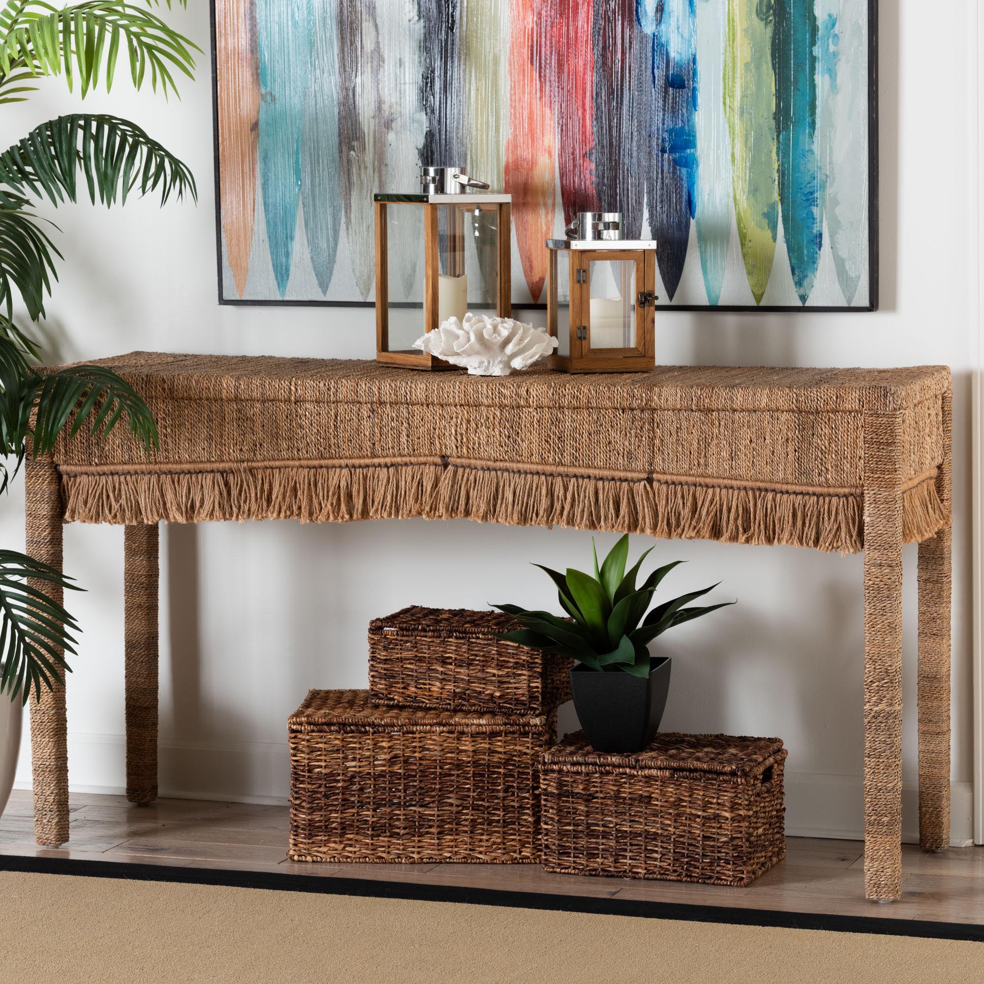 bali & pari Fiona Handwoven Seagrass Console Table - Coastal Boho Accent Table with Fringe Detailing for Living Room, Entryway, or Hallway