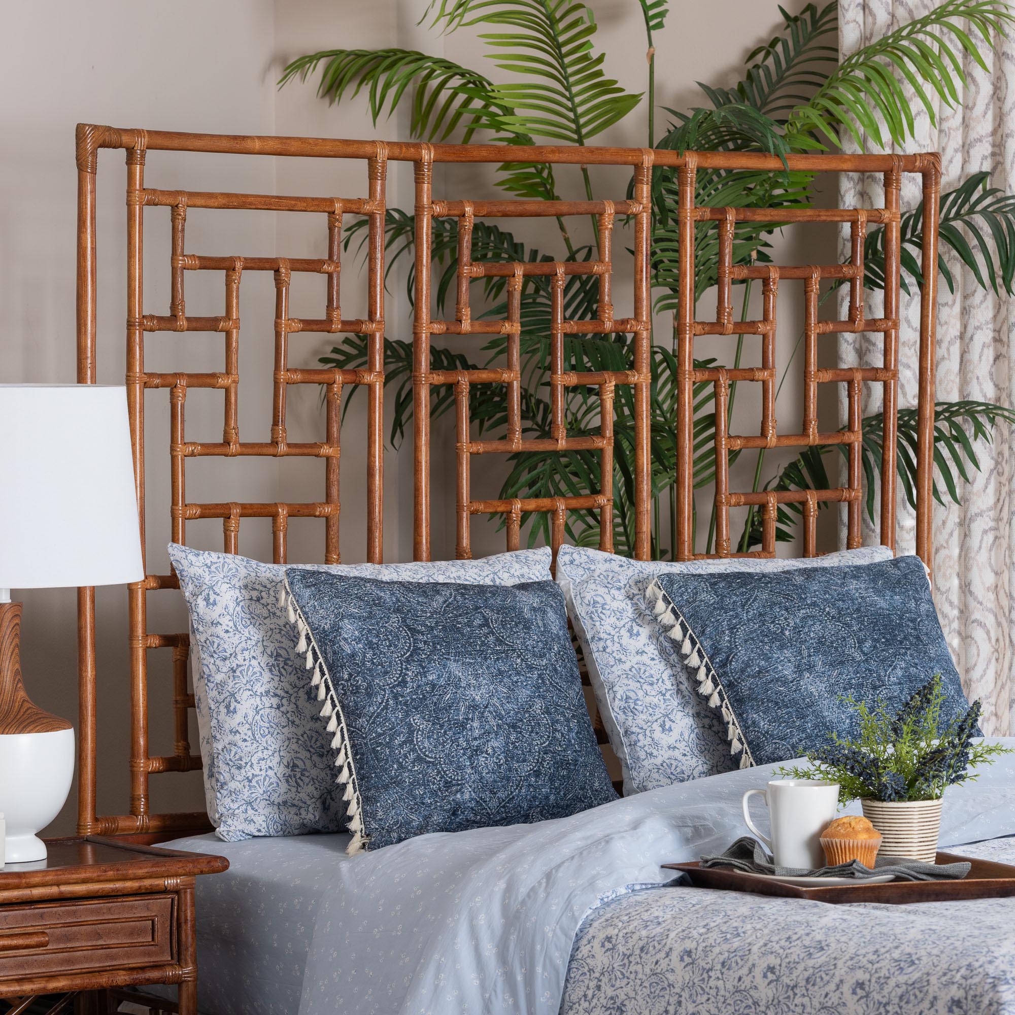 bali & pari Jamuna Marbled Tortoise Natural Rattan Headboard - Handcrafted Coastal Boho Style Bedroom Backdrop, Queen