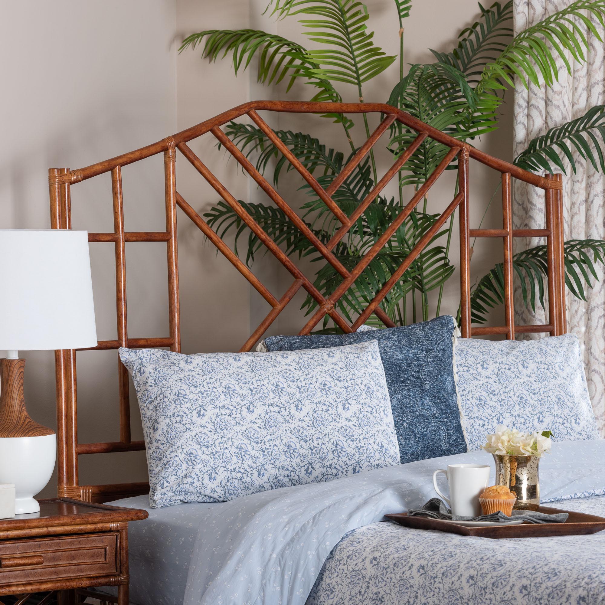 bali & pari Kachiri Marbled Tortoise Natural Rattan Headboard - Handcrafted Coastal Boho Style Bedroom Backdrop, Queen