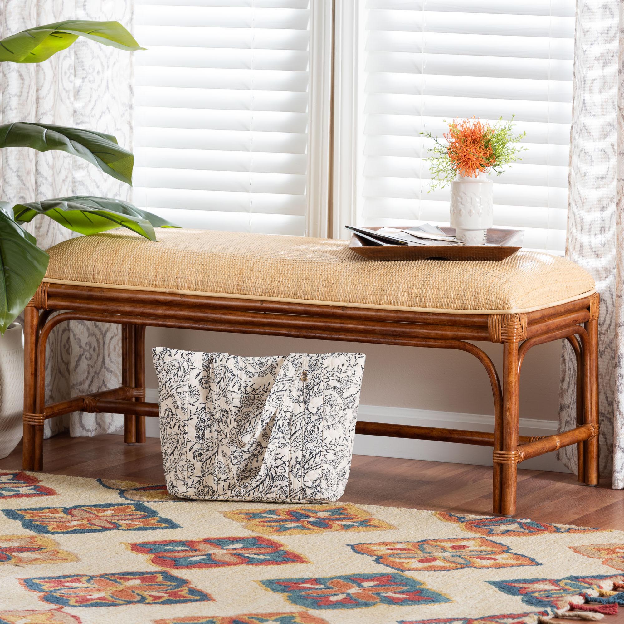 bali & pari Belen Marbled Tortoise Natural Rattan Bench - Handwoven Wicker Seating for Entryway, Living Room, or Bedroom, Coastal and Tropical Accent Furniture
